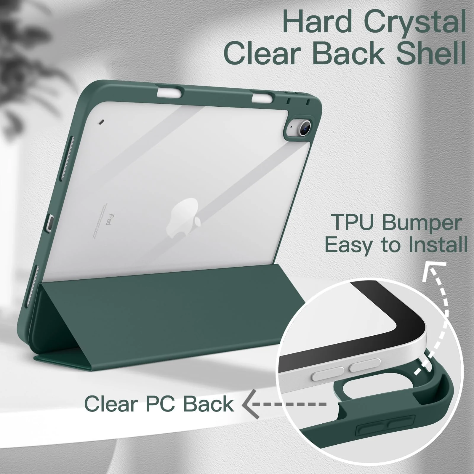 DL3 MOBILAK Case for For iPad Air 11-Inch M2 (2024), iPad Air 5/4 (2022/2020 5th/4th 10.9-Inch), Clear Shockproof Back Cover Built-in Pencil Holder,Auto Sleep/Wake - Green