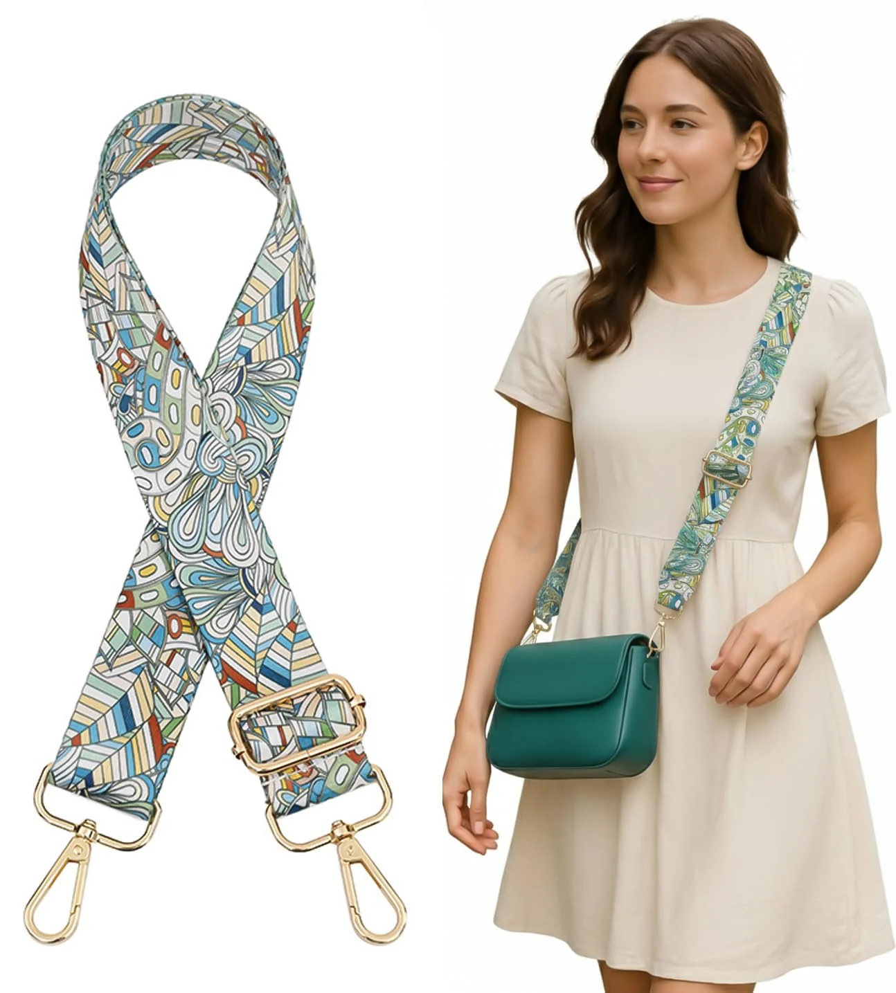 DL3 Mobilak Adjustable Wide Crossbody Bag Strap for Women, Replacement Shoulder Strap for Handbags, Totes & Purses with Elegant Embroidered Pattern and Metal Hooks - Blue Beige