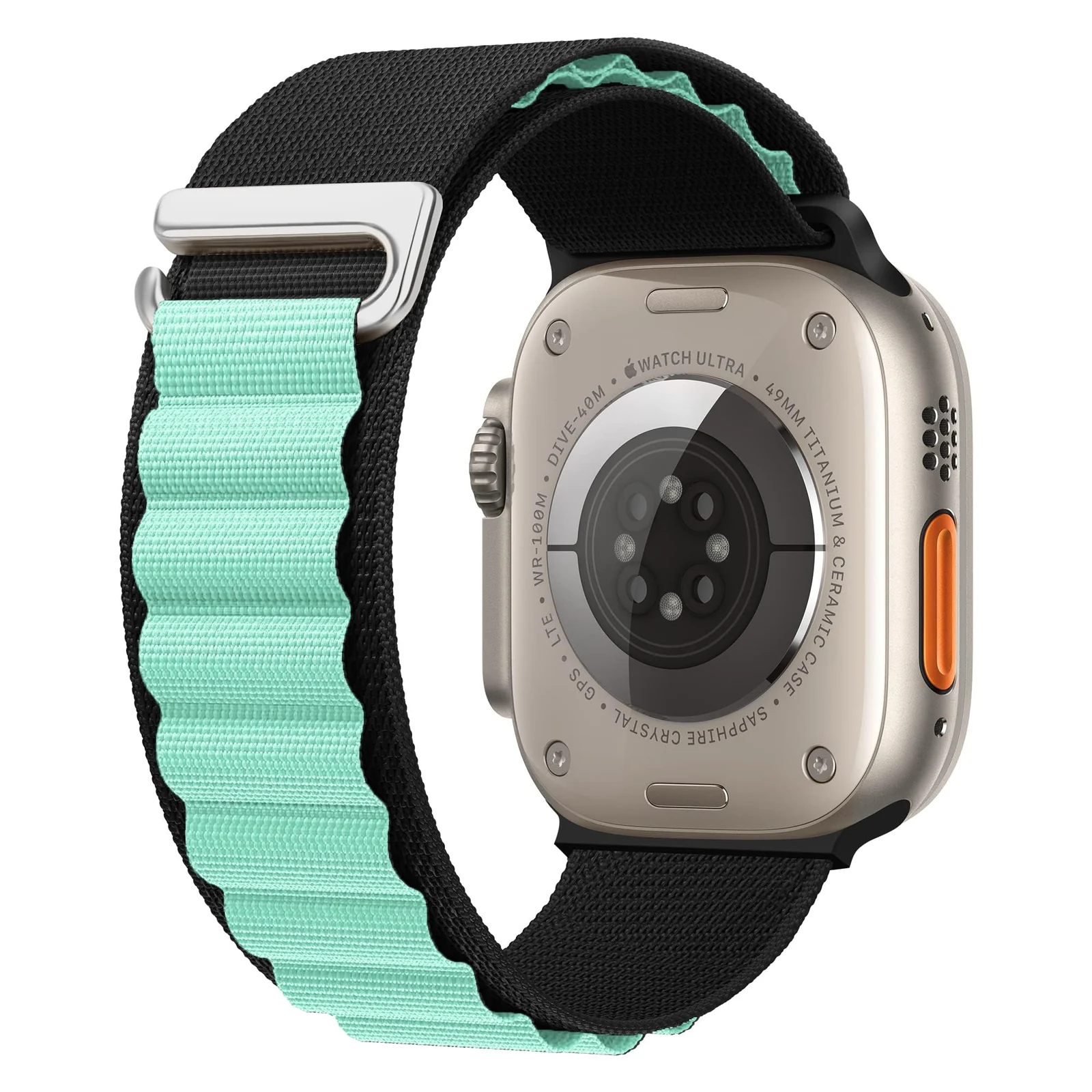 DL3 Mobilak Trail/Alpine Loop Nylon Band Compatible with Apple Watch Ultra 2/Ultra Band 49mm 45mm 44mm 42mm, Adjustable with Metal C-Hook Strap for iWatch Ultra Series 9/8/7/6/5/4/3/2/1/SE2/SE - Black Turquoise