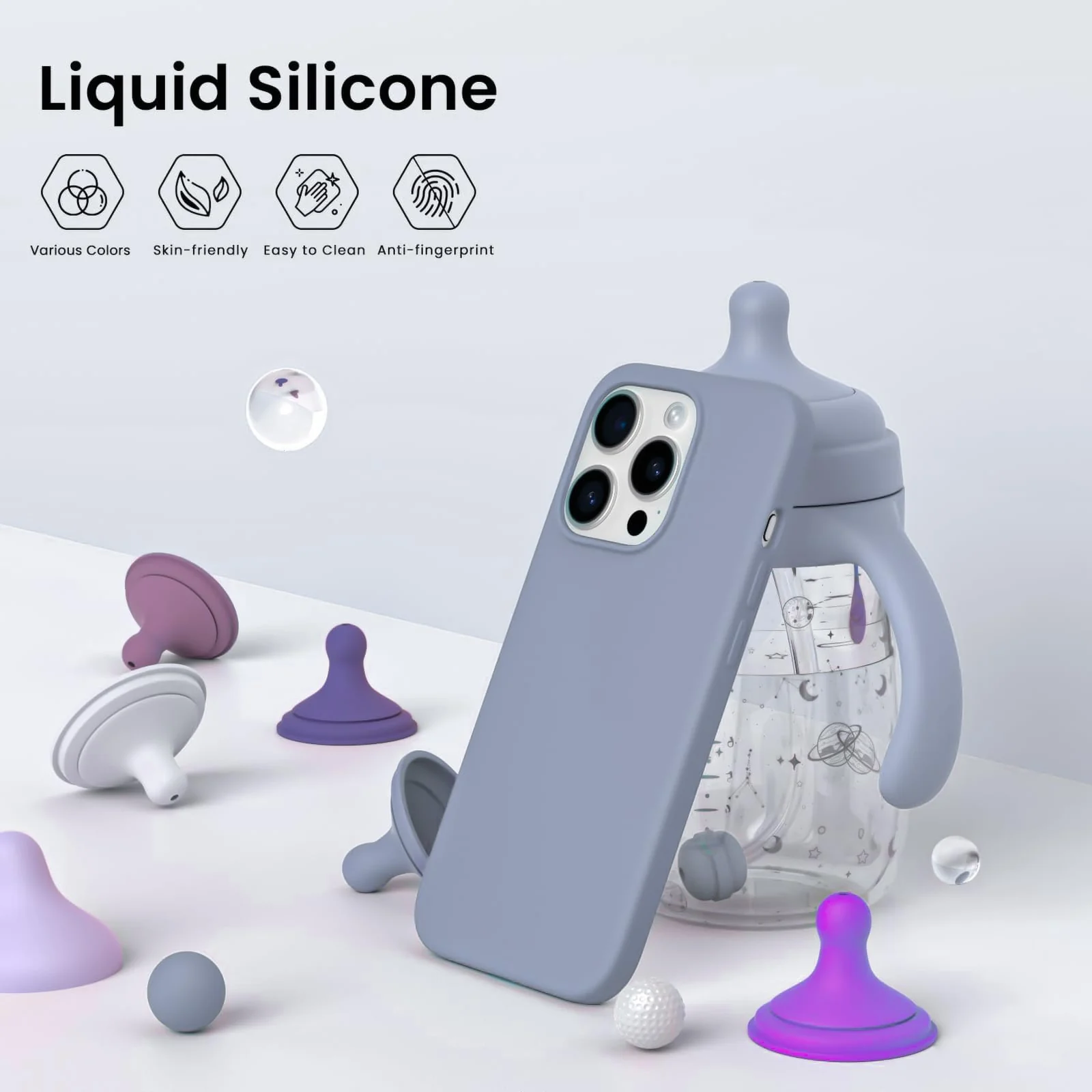 DL3 Mobilak Liquid Silicone Protective Case for iPhone 15 Pro Max with Camera Protection and Microfiber Lining - Lavender Gray