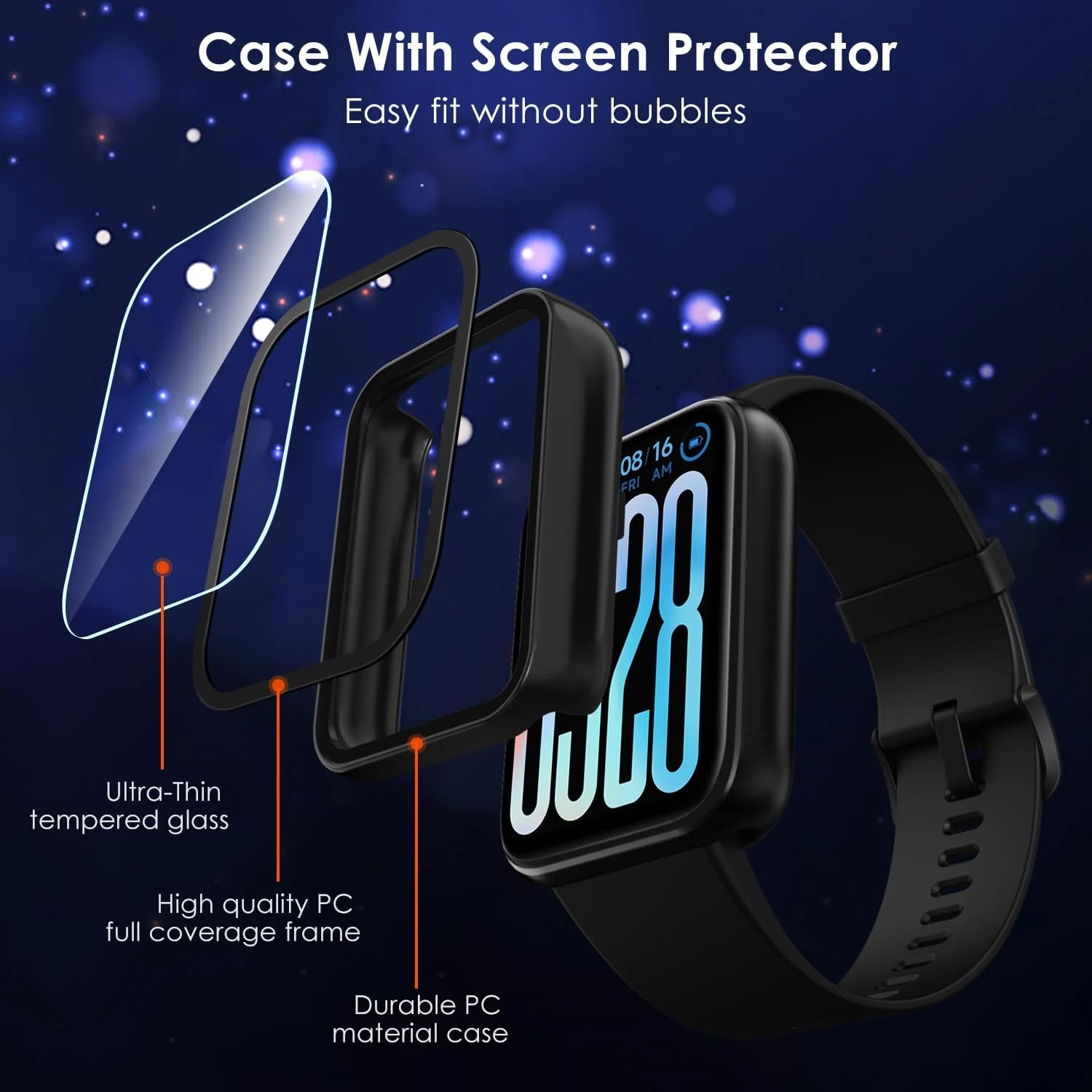 DL3 Mobilak Case with Screen Protector for Xiaomi Smart Band 9 Pro, Bumper Full Coverage Hard PC Overall Protective Cover, Built-in Tempered Glass Film High Sensitivity - Black