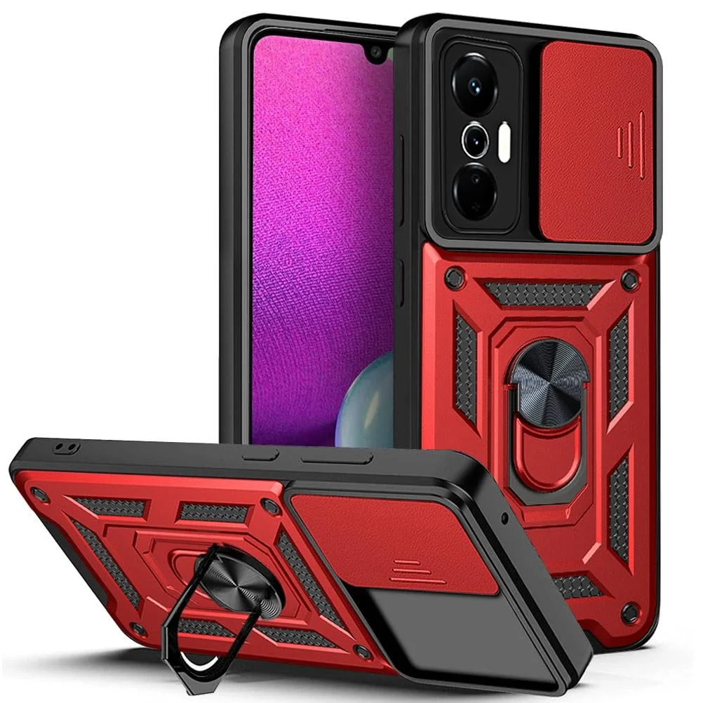 DL3 Mobilak Military-Grade Protective Case with Sliding Camera Cover, Metal Ring Kickstand and Magnetic Car-Mount Support for Infinix Hot 20S X6827 - Red