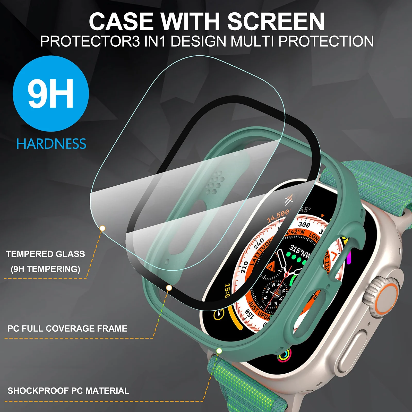 DL3 Mobilak Hard Case Designed for Apple Watch Ultra 2 (2023) / Ultra 1 49mm, Built-in 9H [HD Clear] Tempered Glass Screen Protector, [Full Protection] Slim Cover for iWatch 49mm - Green