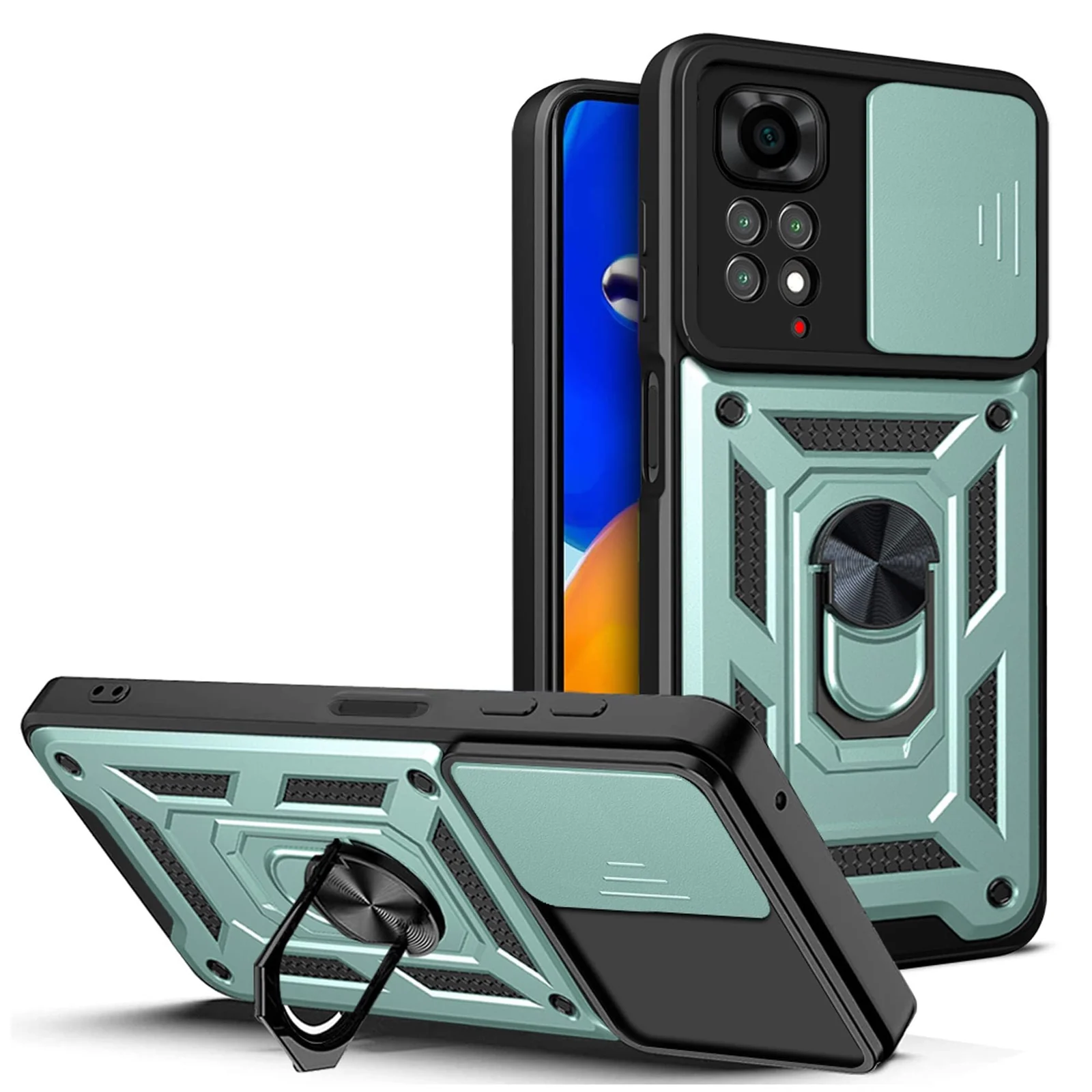 DL3 Mobilak Protective Case with Sliding Camera Cover, Metal Ring Kickstand and Magnetic Car-Mount Support for Xiaomi Redmi Note 12 Pro 4G / Redmi Note 11 Pro 4G&5G - Green