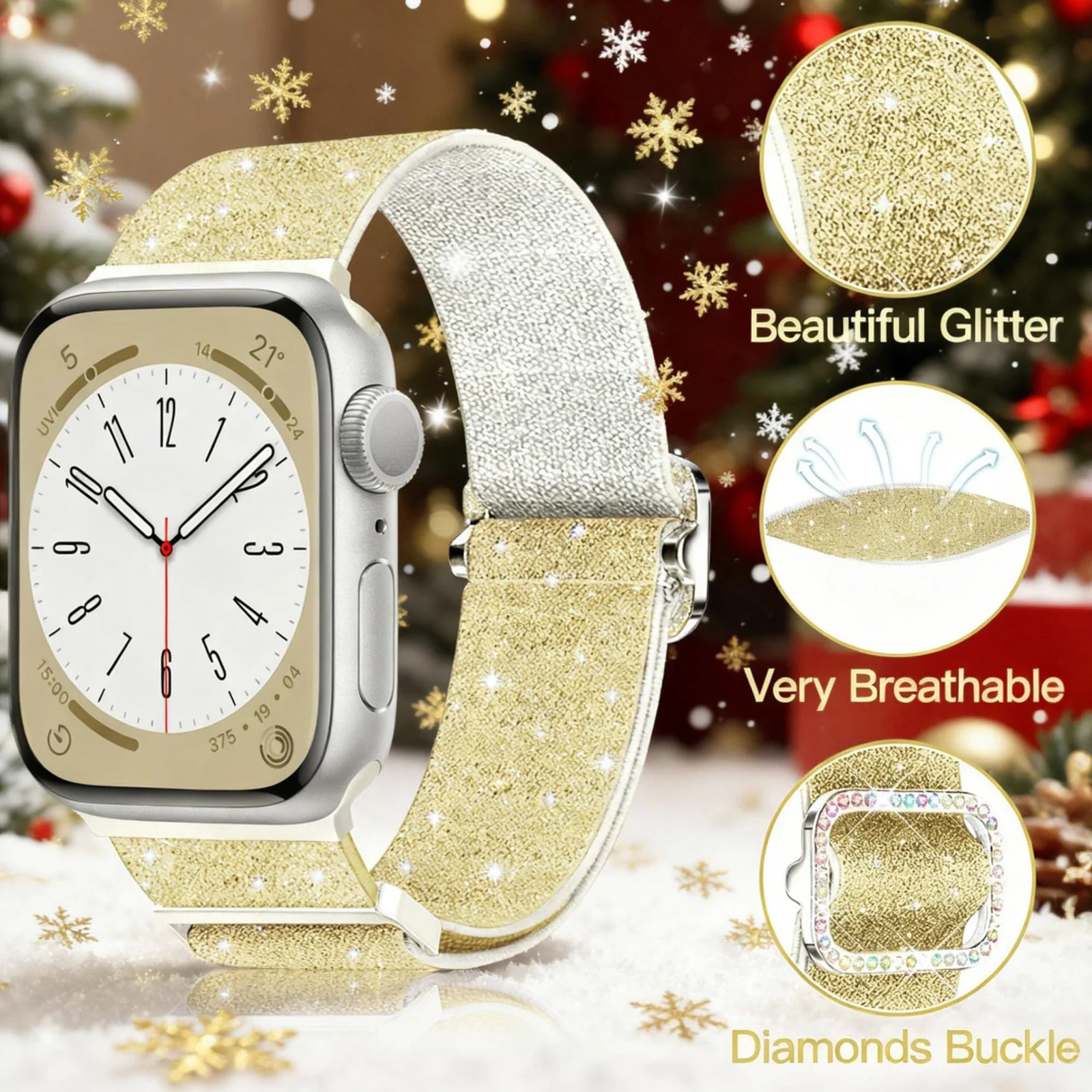 DL3 Mobilak Stretchy Bling Band For Apple Watch 49mm 46mm 45mm 44mm 42mm Women, Nylon Sparkly Strap Solo Loop Glitter Wristband for iWatch Series 11 10 9 8 7 6 5 4 SE3 SE2 SE Ultra 3 2 1 - Gold White