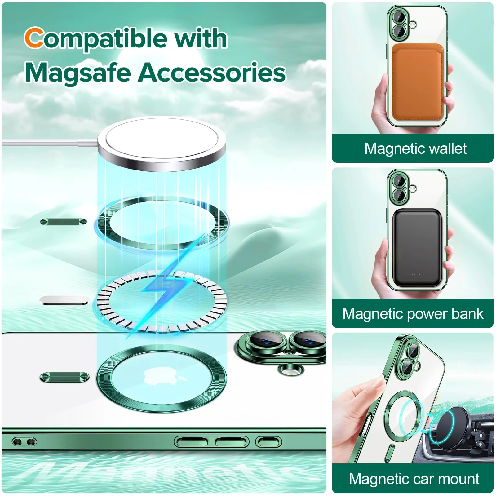 DL3 Mobilak Soft Clear Case for iPhone 16 6.1, Camera Lens Full Protection, Compatible with MagSafe Wireless Charging, Shockproof Electroplated TPU Phone Cover - Green