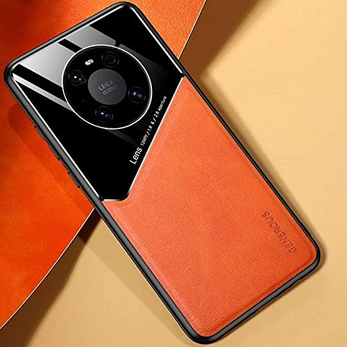 DL3 Mobilak Faux Leather and Plexiglass TPU Case for Huawei Mate 40 Pro with Magnetic Car-Mount Support and Shockproof Design - Orange