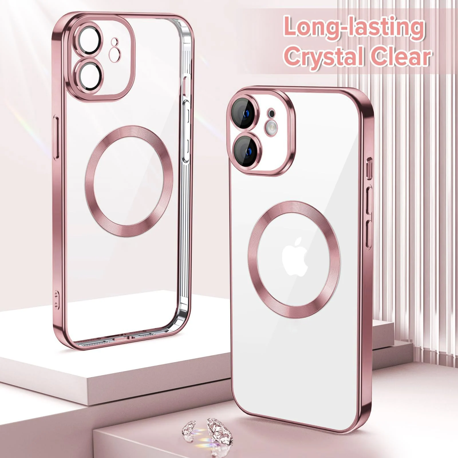 DL3 Mobilak Clear Case for iPhone 12 6.1-Inch with Built-in Camera Lens Protector, Slim Luxury Plating Edge Soft TPU Cover Protective, Transparent Case for Women Girls Men - Rose Gold