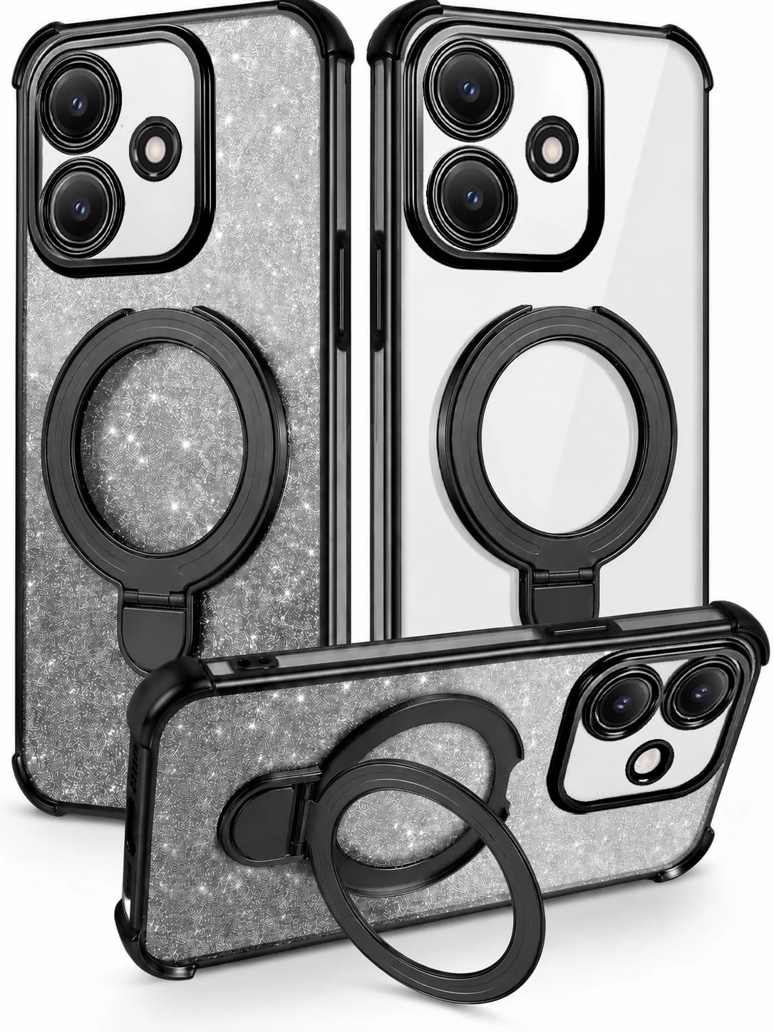 Mobigon Glitter Phone Case Compatible with OPPO A3 / OPPO A3X / A40 / A40M, Magnetic Ring Stand Shockproof Cover, Clear Soft TPU Bumper with Full Camera Protection - Black