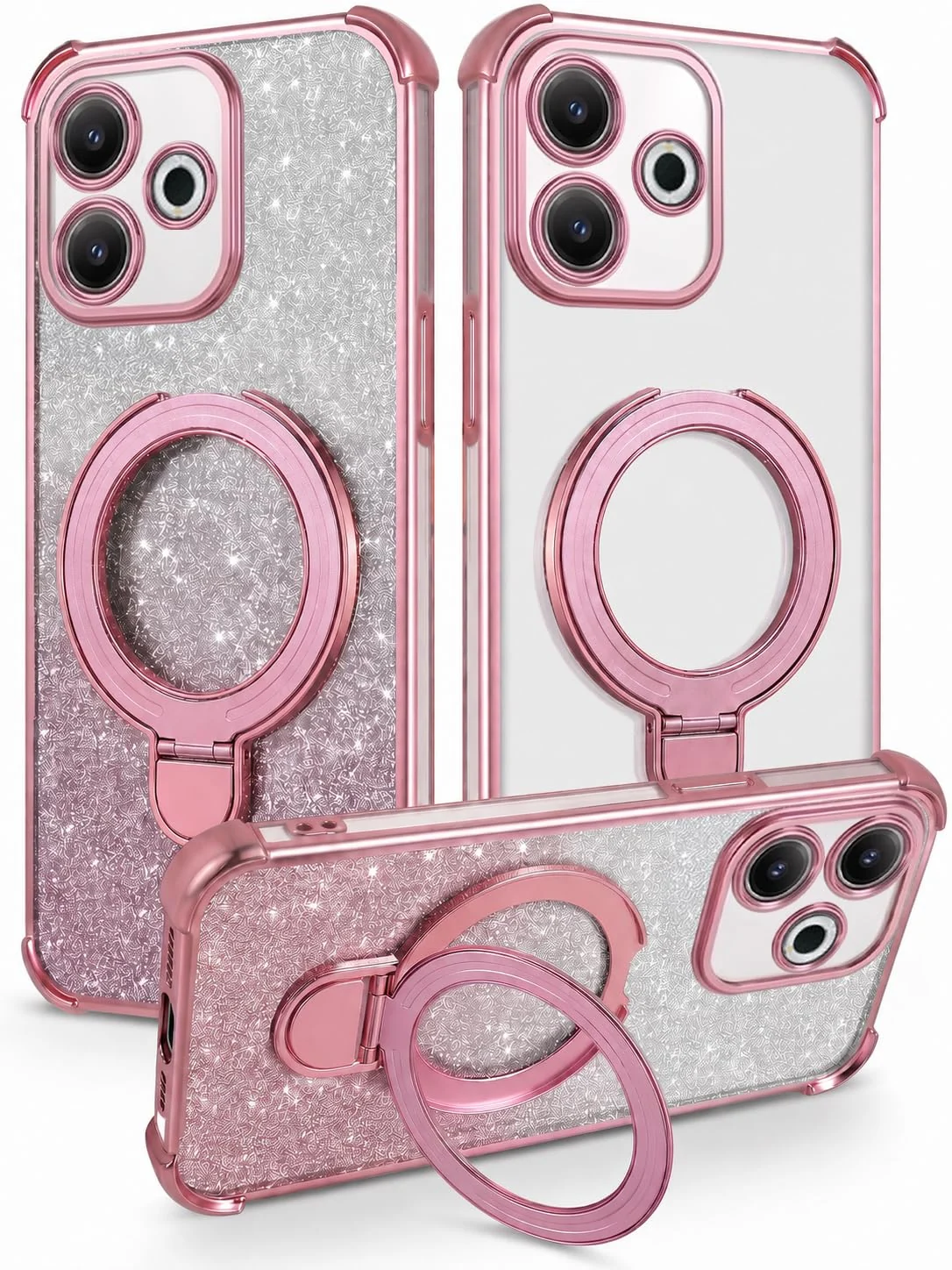 MOBIGON Glitter Phone Case with Magnetic Ring Stand for Xiaomi Redmi 13 4G / 5G / POCO M6 4G / Note 13R, Pink