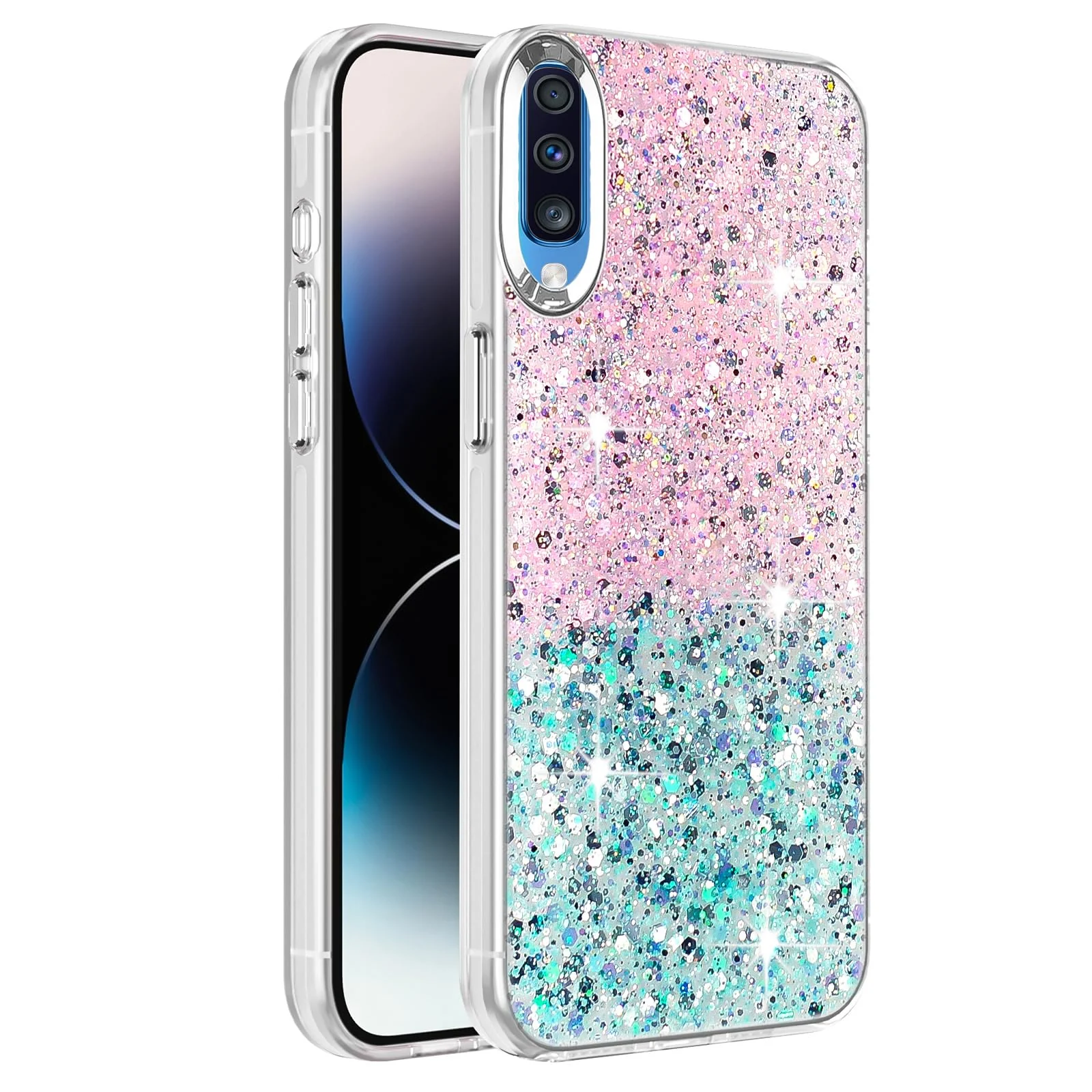 DL3 Mobilak Glitter Protective Case for Samsung Galaxy A70 / A70s, Supports wireless charging, Camera protection, Shock-absorbing protection - Pink Green