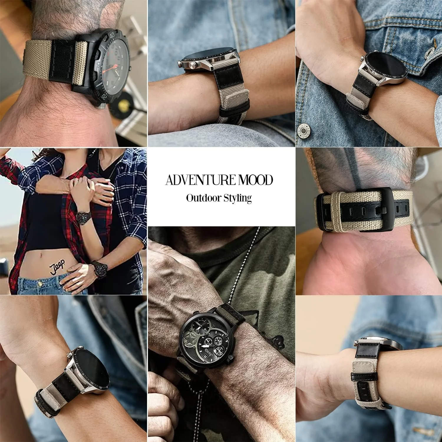 DL3 Mobilak Nylon Sports Bands With Leather 20MM Strap for Samsung Gear Sport, Watch 6, 4, 5, 5 Pro, S2 Classic, Active 2 40mm 44mm, Amazfit GTS 3, 4, 4 Mini, Bip 3 Pro, GTS2, Bp U - Beige