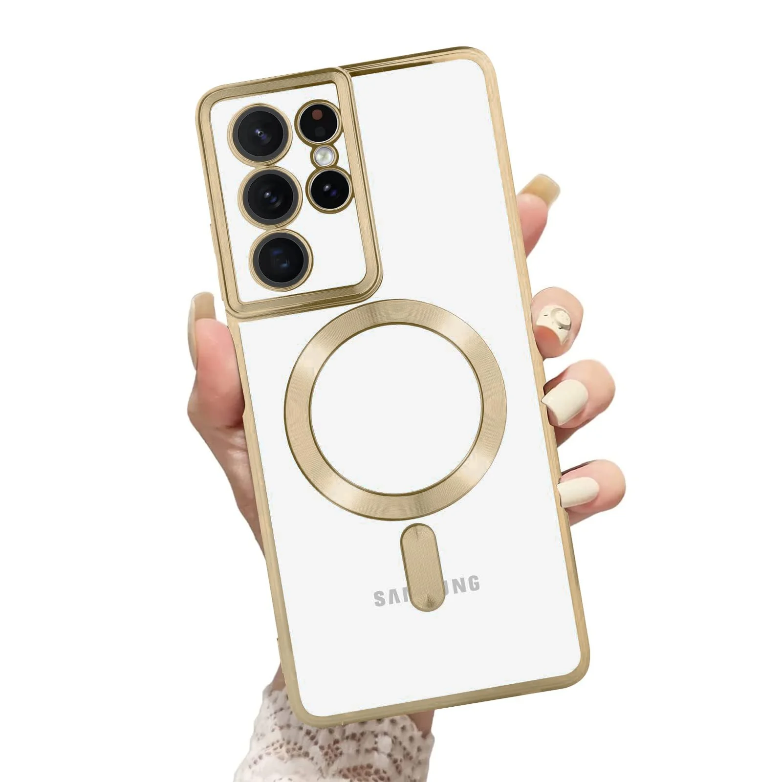DL3 Mobilak Clear TPU Case for Samsung Galaxy S21 Ultra, Compatible with MagSafe accessories, Supports wireless charging, Camera protection - Gold