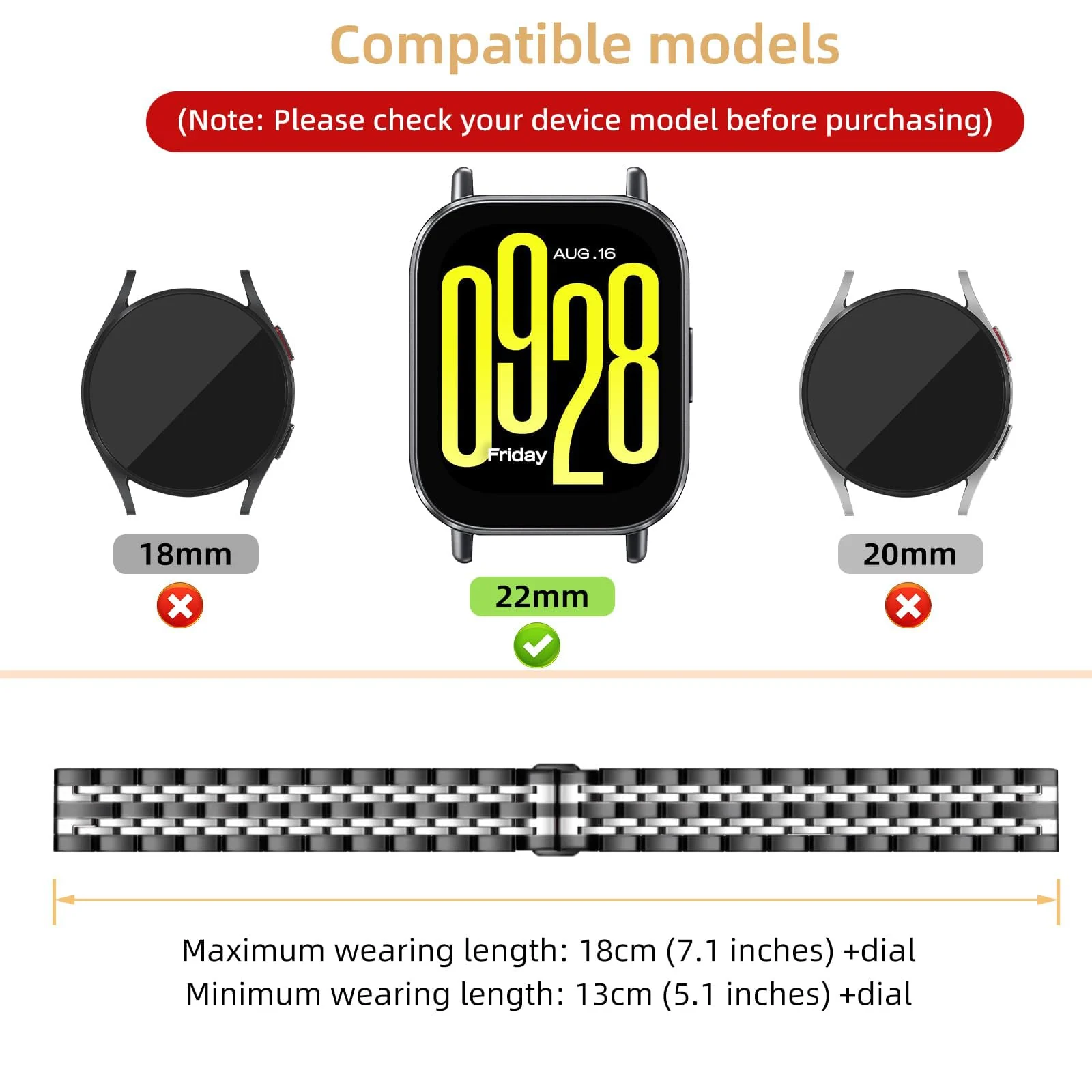 DL3 MOBILAK Adjustable Stainless-Steel Link Watch Strap for Xiaomi Redmi Watch 5 Lite and 5 Active - Black/Silver