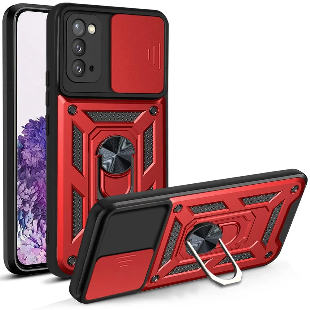 "DL3 Mobilak Case for Samsung Galaxy Note 20 5G (6.7"") with Slide Camera Cover, Military Grade Shockproof Protective Cover with Rotatable Metal Ring Kickstand [Support Magnetic Car Mount] - Red"