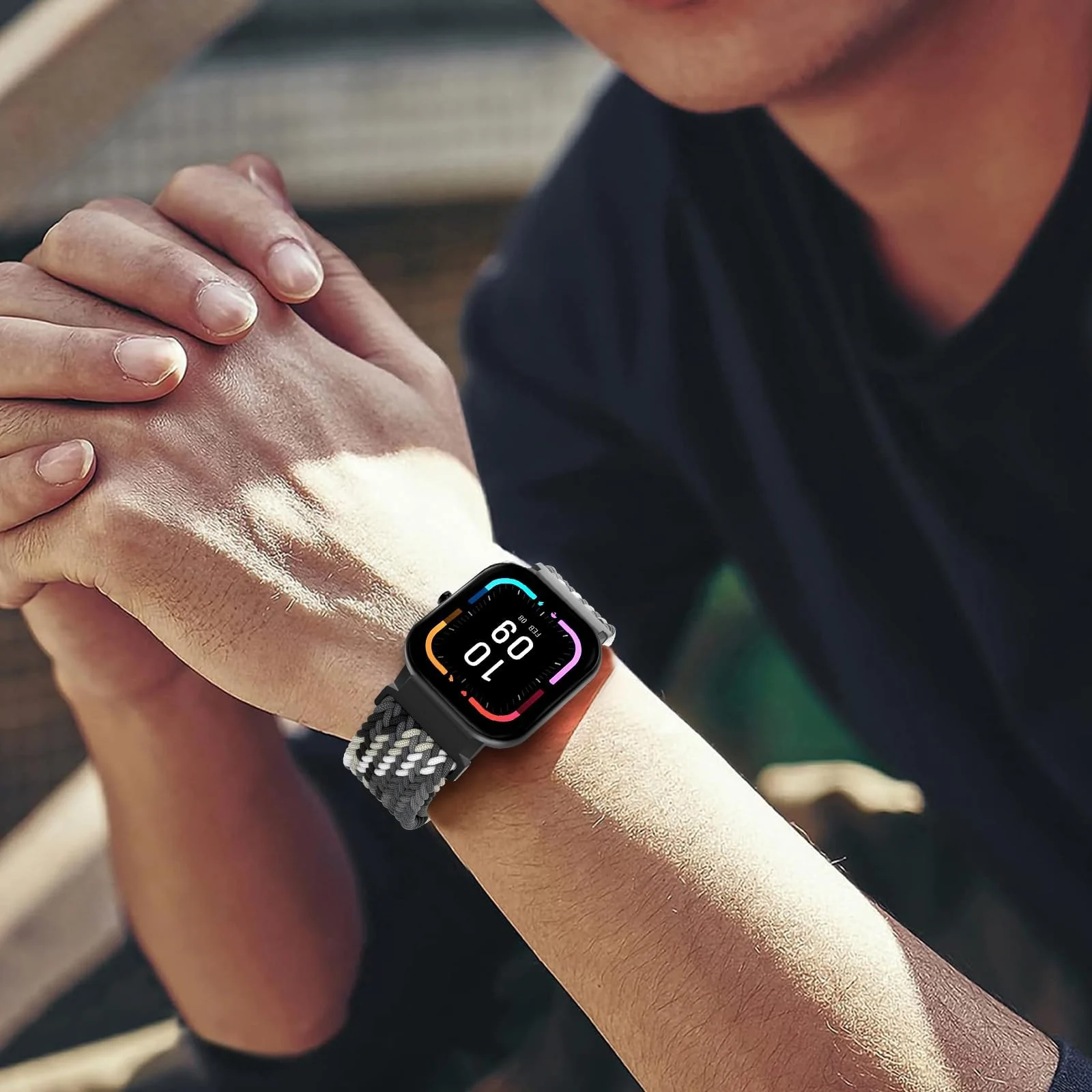 DL3 Mobilak Braided Bracelet Compatible with Redmi Watch 4/5 / 6 / Xiaomi Smart Band 8 Pro/Band 9 Pro, Nylon Magnetic Fabric Elastic Sport Nylon Replacement Strap for Men Women - Colorful Black