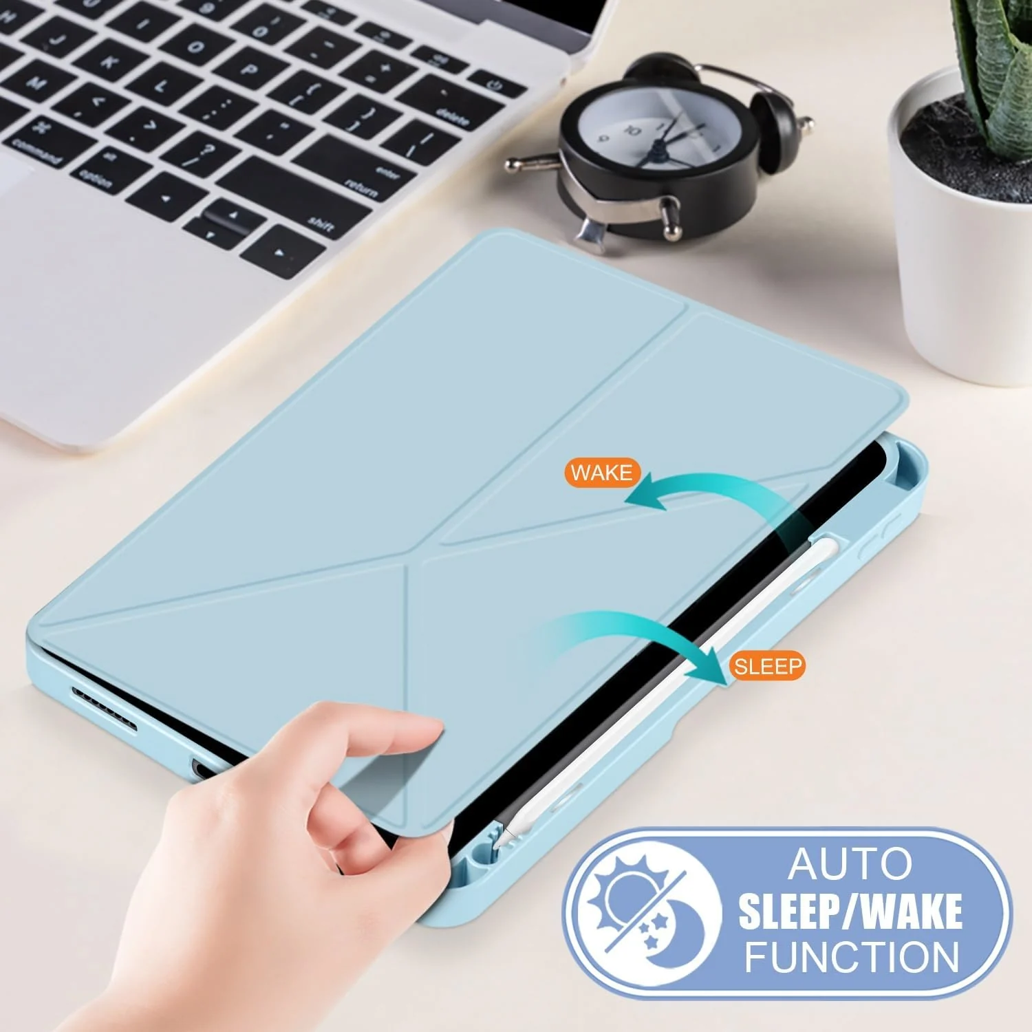 DL3 Mobilak Compatible with iPad 10.2-Inch (9th/8th/7th Generation, 2021/2020/2019) Case, Smart Stand, Pencil Holder, Shockproof Slim Lightweight Leather Cover, Modern Abstract Design - Sky Blue