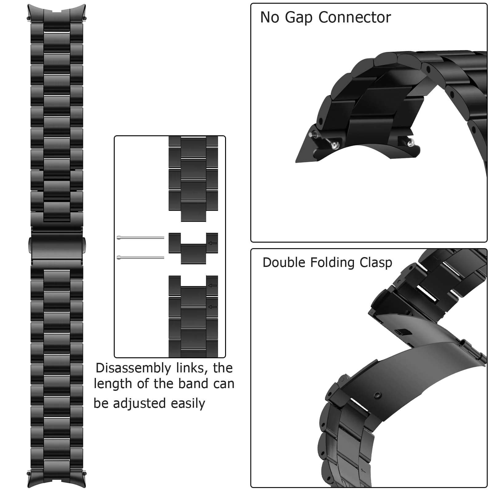 DL3 Mobilak No Gap Straps Compatible with Samsung Galaxy Watch 7/6/5/4 44mm 40mm, 20mm Metal Band for Galaxy Watch FE/6 Classic 47mm 43mm/5/5 Pro 45mm/4/4 Classic 46mm 42mm - Black