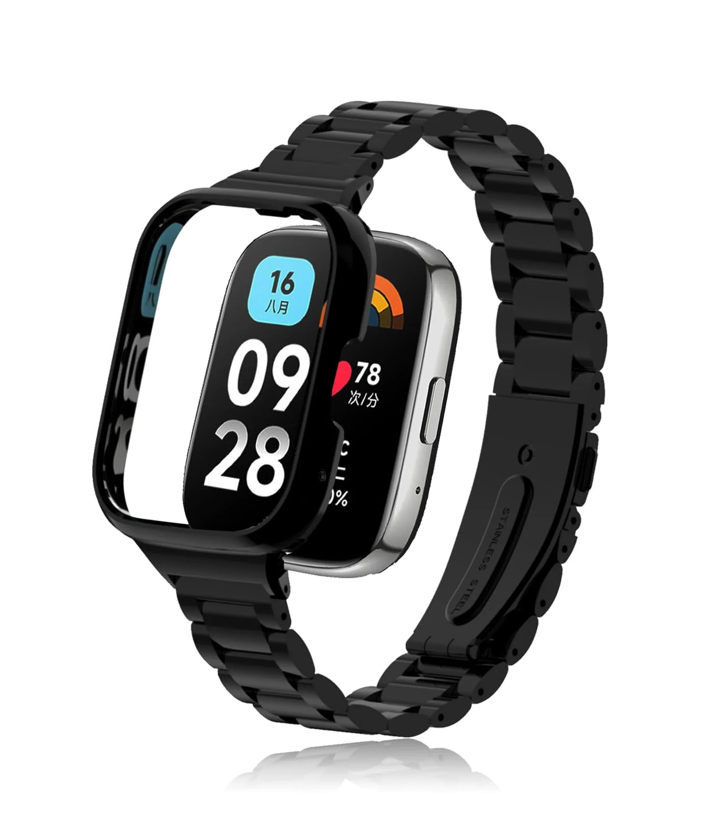 DL3 Mobilak Bracelet Compatible with Xiaomi Redmi Watch 3 Lite/Redmi Watch 3 Active, Stainless Steel Metal Replacement Watch Band With Frame Metal Women Men Replacement Strap - Black