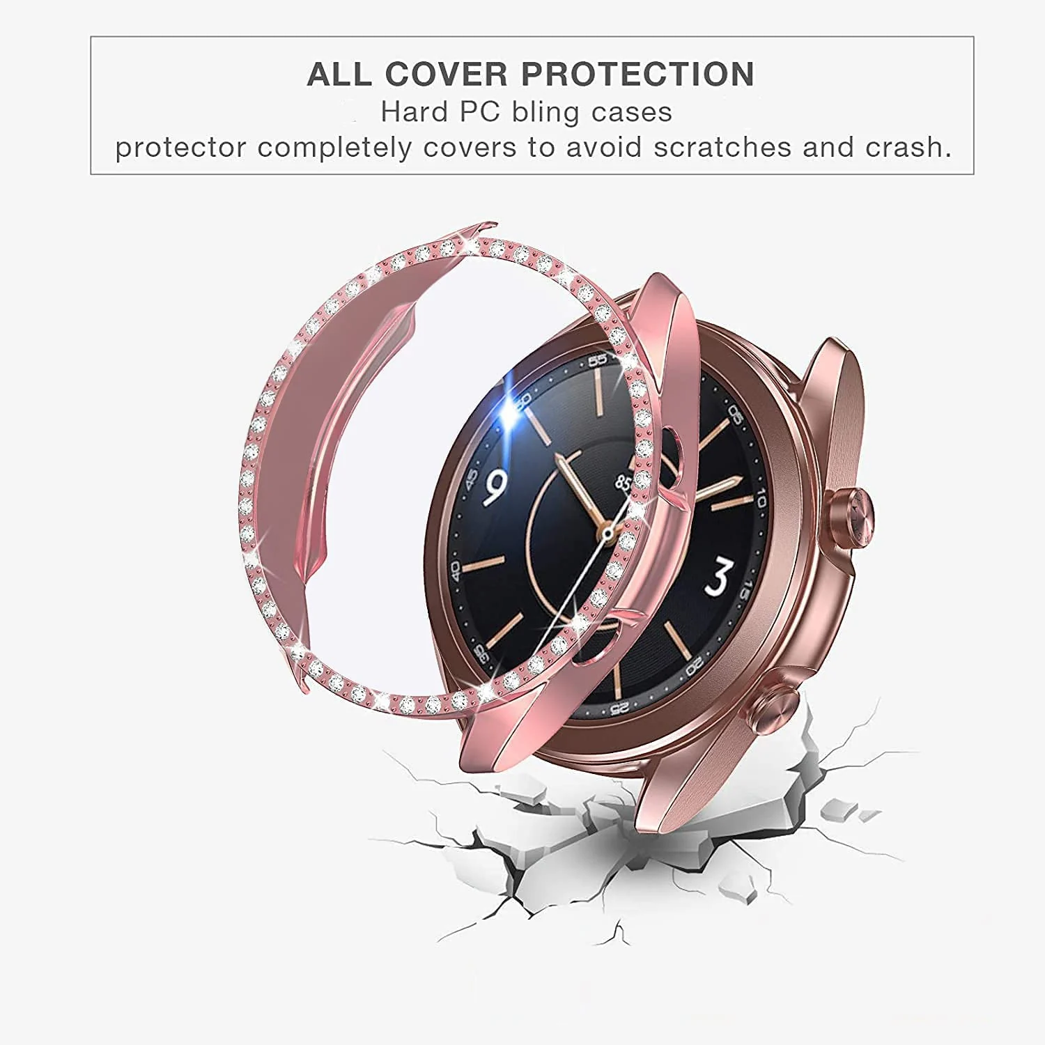DL3 Mobilak Bumper Diamond Case Compatible with Samsung Galaxy Watch 3 45MM, Bling Crystal Diamonds PC Plastic Protector Case Cover Frame for Galaxy Watch3 45 MM - Pink