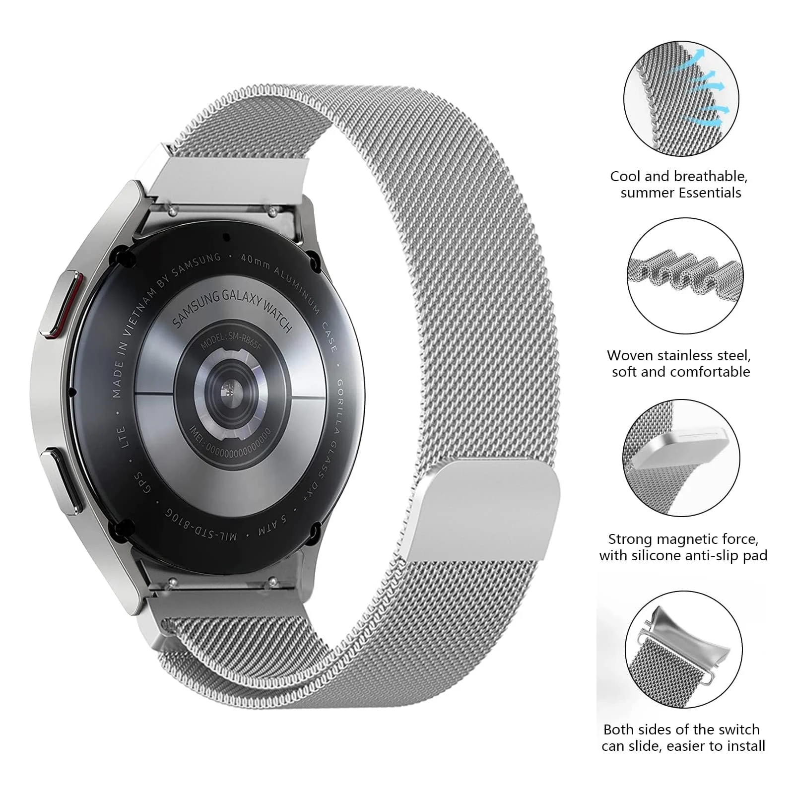 DL3 Mobilak No Gap Metal Band Compatible with Samsung Galaxy Watch 7 6 5 4 FE 40mm 44mm, Galaxy Watch 6 4 Classic 47mm 43mm 42mm 46mm/Watch 5 Pro 45mm, Stainless Steel Wristband Women Men - Silver