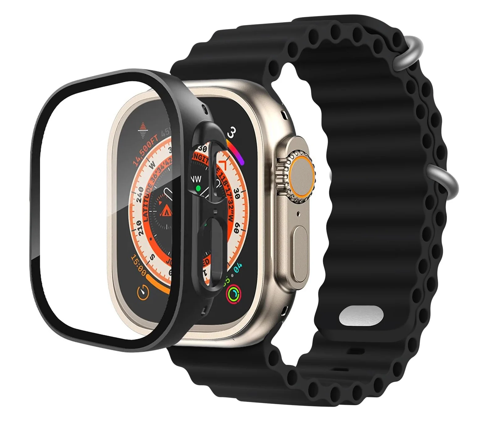 DL3 Mobilak Ocean Band with Case For Apple Watch Ultra 49mm, Adjustable Silicone Sport Loop Ocean Strap Men Women Strap With Protective Cover Screen Shockproof for iWatch Ultra 2 49mm - Black