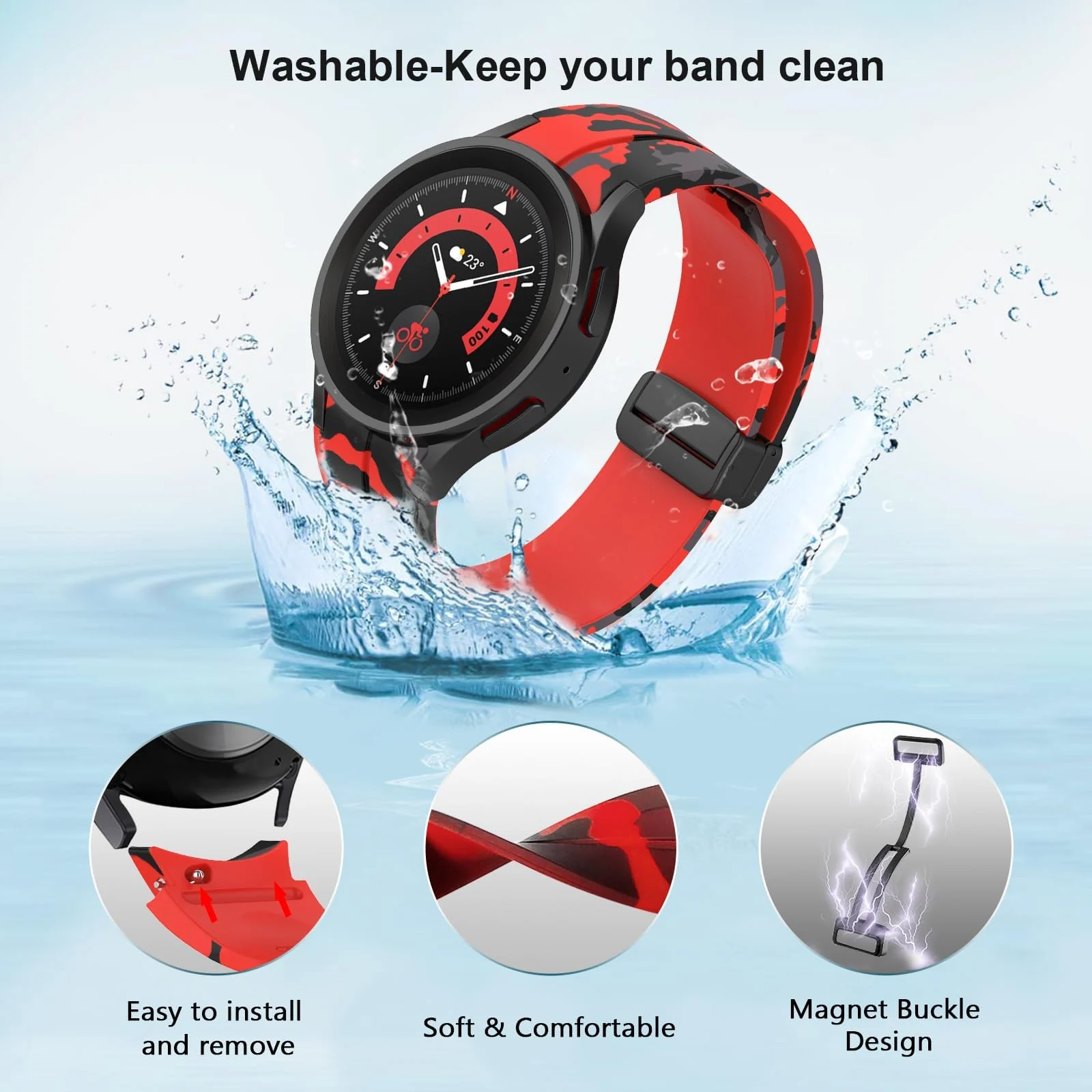 DL3 Mobilak Silicone Band Magnetic Clasp 22MM Strap For Samsung galaxy watch3 45mm /galaxy 46mm/Gear S3/Huawei watch GT3 46MM/GT2E/GT2 Pro/GT GT2 46MM/Amazfit GTR 3/4 (Camouflage Red), unisex-adult - Black