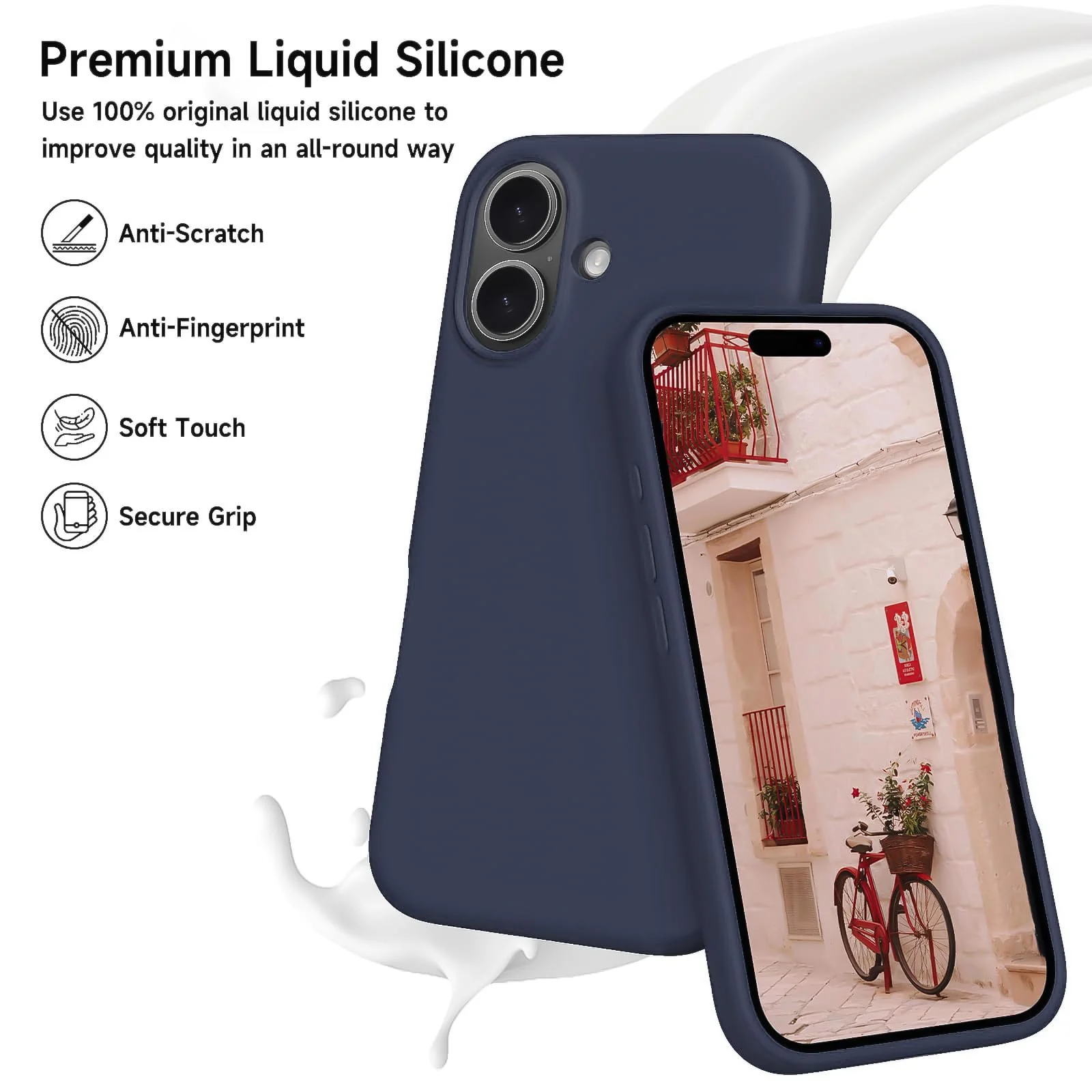 DL3 Mobilak Liquid Silicone Case for iPhone 16 Plus, Supports wireless charging, Shock-absorbing protection, Scratch-resistant surface - Dark Blue