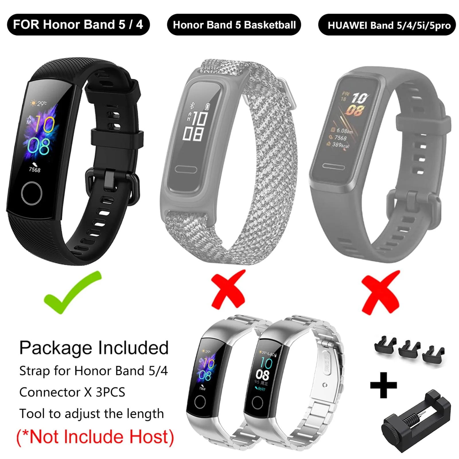 DL3 Mobilak Metal Strap Compatible With HONOR Band 5 and 4 - Adjustable Stainless Steel Buckle Wristband Replacement for Honor Band 5/4 - Black - Silver