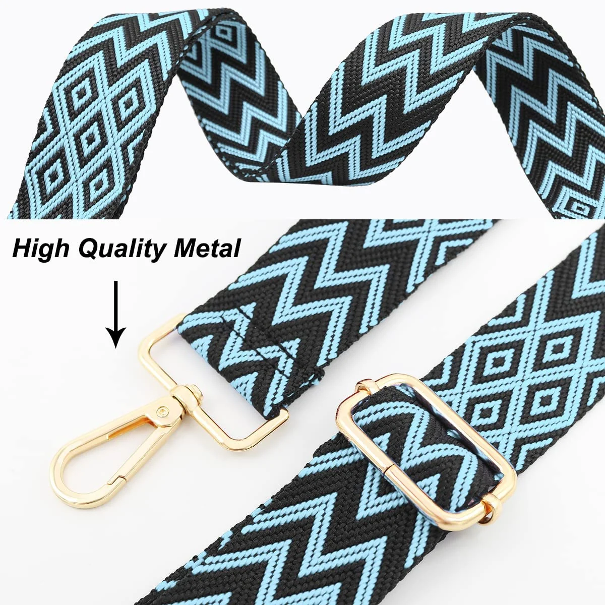 DL3 Mobilak Adjustable Wide Crossbody Bag Strap for Women, Replacement Shoulder Strap for Handbags, Totes & Purses with Elegant Embroidered Pattern and Metal Hooks - Blue Black