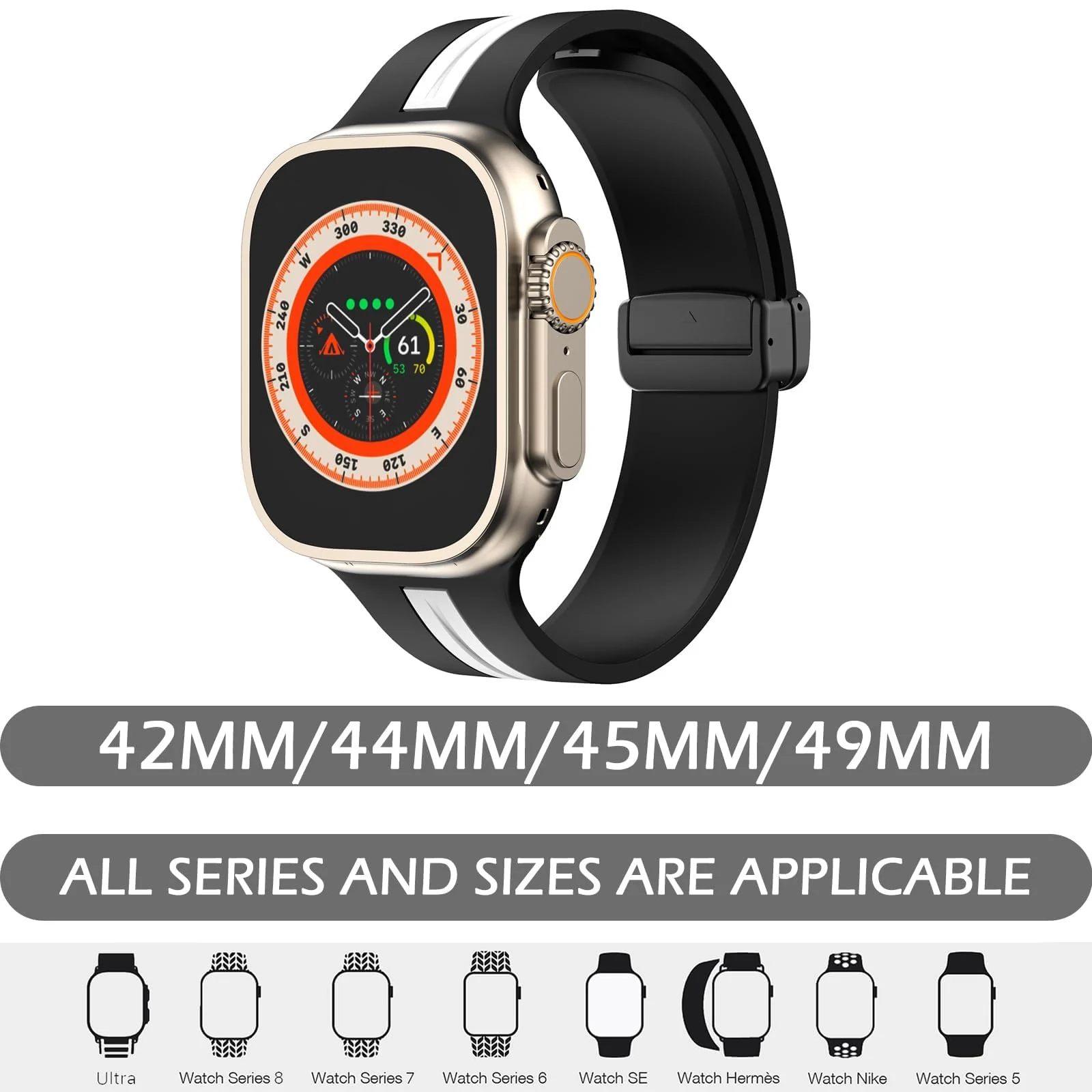 DL3 Mobilak Magnetic Bands for Apple Watch Ultra/Ultra 2 Band 49mm 45mm 44mm 42mm 41mm 40mm 38mm, Soft Sport Silicone Strap for iwatch Series 9/8/7/6/5/4/3/2/1/SE (42mm/44mm/45mm/49mm) - Black White