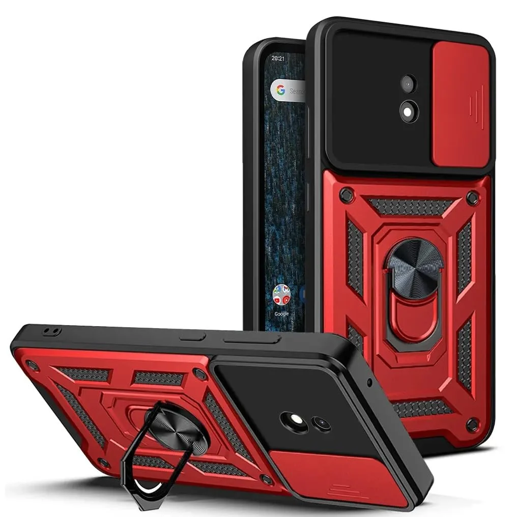 DL3 Mobilak Military-Grade Protective Case with Sliding Camera Cover, Metal Ring Kickstand and Magnetic Car-Mount Support for Nokia C1 - Red