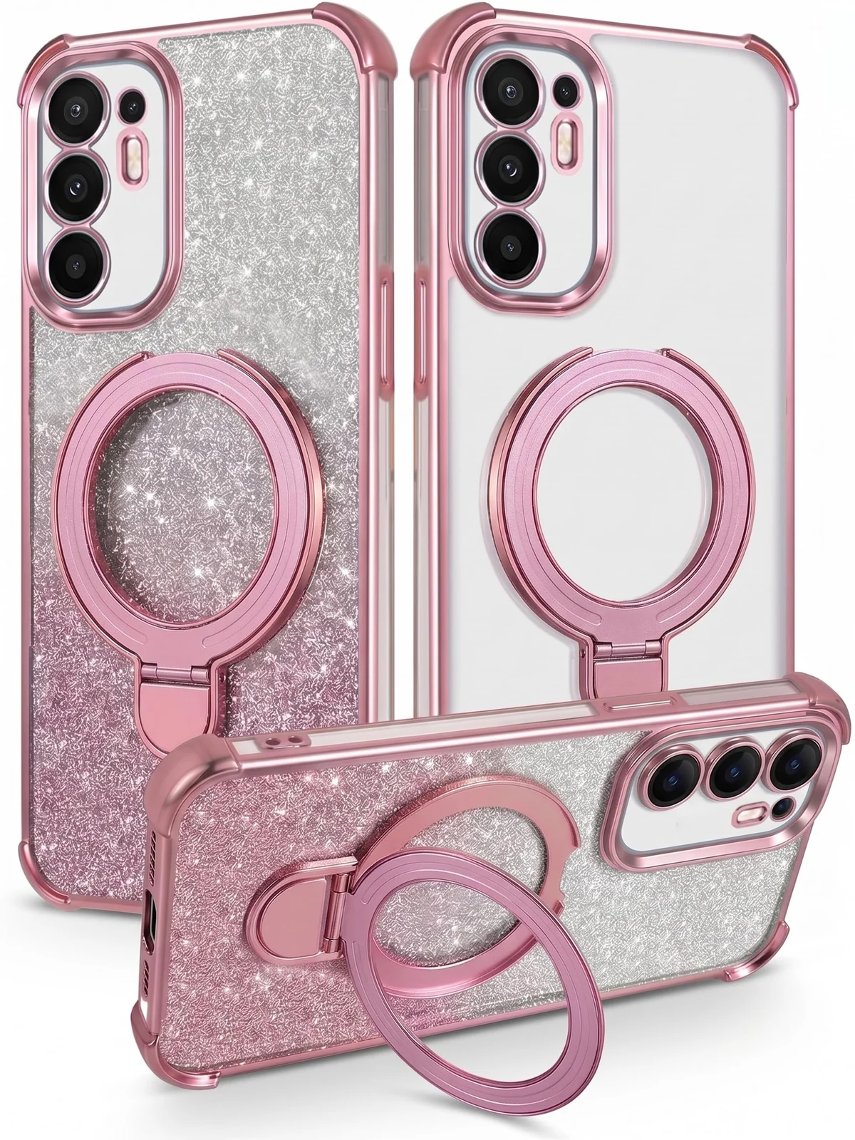 Mobigon Glitter Phone Case Compatible with OPPO Reno 6 4G, Magnetic Ring Stand Shockproof Cover, Clear Soft TPU Bumper with Full Camera Protection - Pink