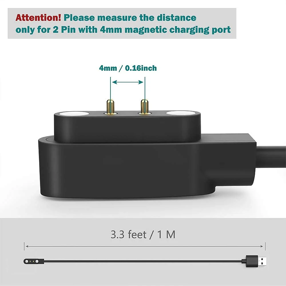 DL3 Mobilak Magnetic Charger Compatible with YAMAY SW022, AGPTEK LW11, Ticwatch GTX, Xiaomi Haylou Solar LS05 - USB 2 Pins 4mm 0.16inch Charging Cable 100cm - Fitness Smartwatch Accessories - Black