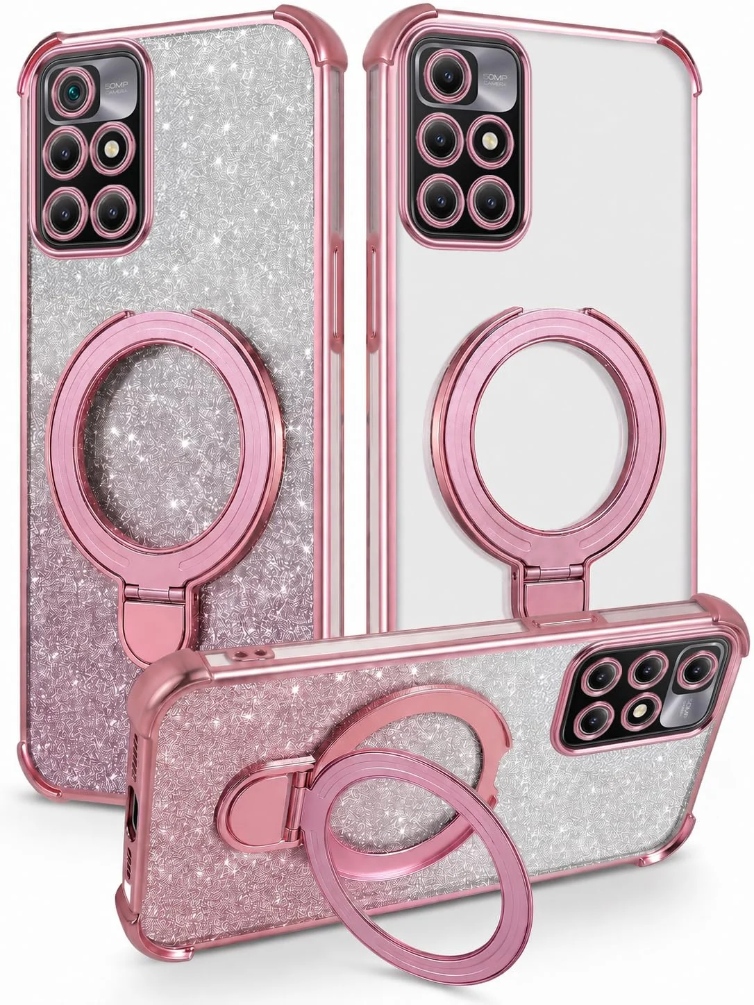 MOBIGON Glitter Phone Case with Magnetic Ring Stand for Xiaomi Redmi 10 4G (2021/2022), Pink