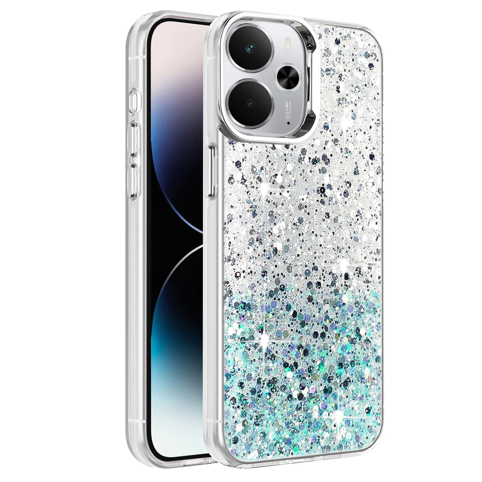 Dl3 Mobilak Compatible with Realme 14 Case, Clear Glitter Bling Sparkly, Soft TPU Frame Bumper, Hard-Back Cover for Women & Girls, Transparent Protective Phone Case (Pink Purple)