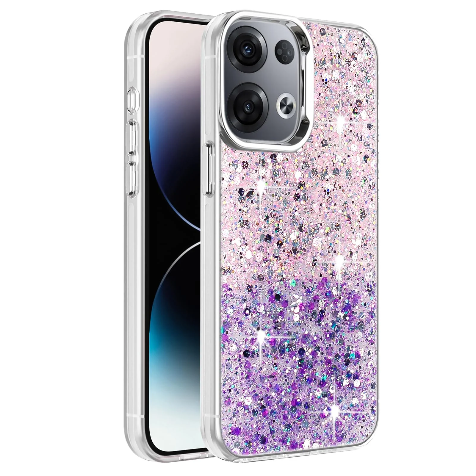 DL3 Mobilak Glitter Protective Case for OPPO Reno 8 Pro 5G / Reno8 Pro + Plus 5G, Supports wireless charging, Camera protection, Shock-absorbing protection - Pink Purple