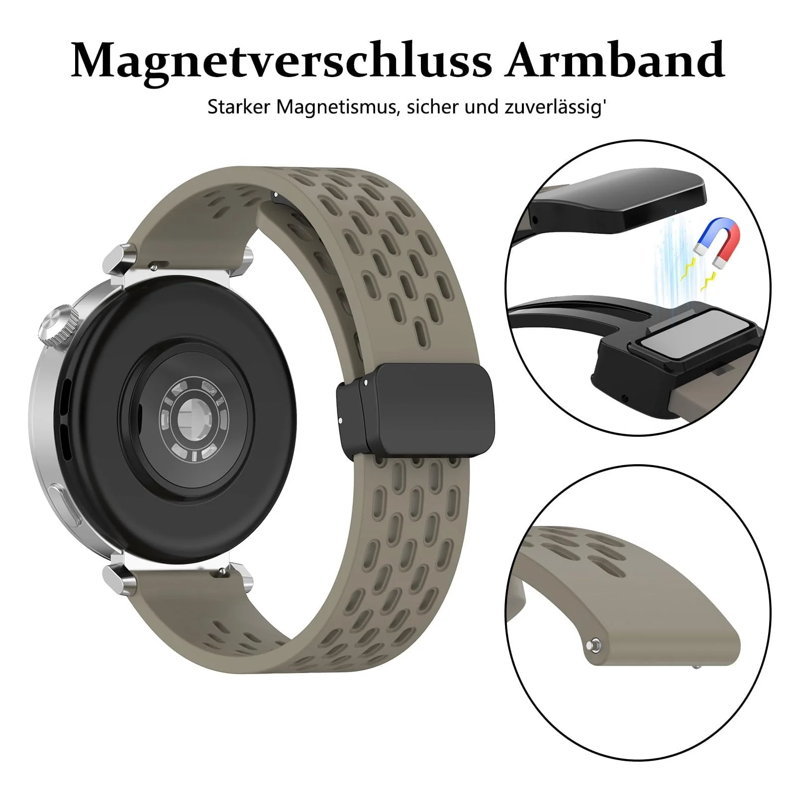 DL3 Mobilak 18mm Silicone Strap For Huawei Watch GT 6 41mm/GT 5 Pro 42 mm/GT 5 41mm/GT4 41 mm/Watch 5 42mm Magnetic Metal Buckle Sport Silicone Breathable Strap, Band Soft Replacment Wristband - Space Brown