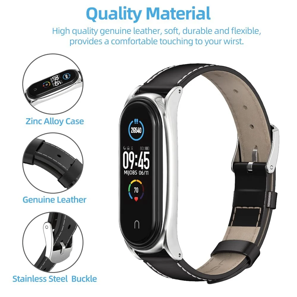 DL3 Mobilak Strap for Mi Band 6, Mi band 5, Mi Band 4, Mi Band 3 Genuine Leather Replacement Strap Watch Wrist Band Smart Bracelet Accessories for Xiaomi Mi 6 5 4 3 Fit Band - Black