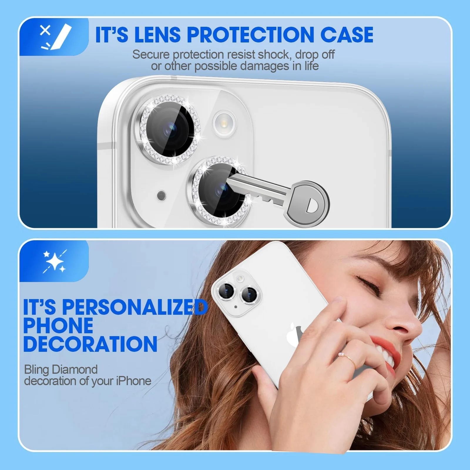 DL3 Mobilak Compatible with iPhone 15/15 Plus & iPhone 14/14 Plus Camera Lens Protector, Anti-Scratch HD Tempered Glass Lens Screen Protection Cover, Metal Individual Lens Ring - Diamond Silver