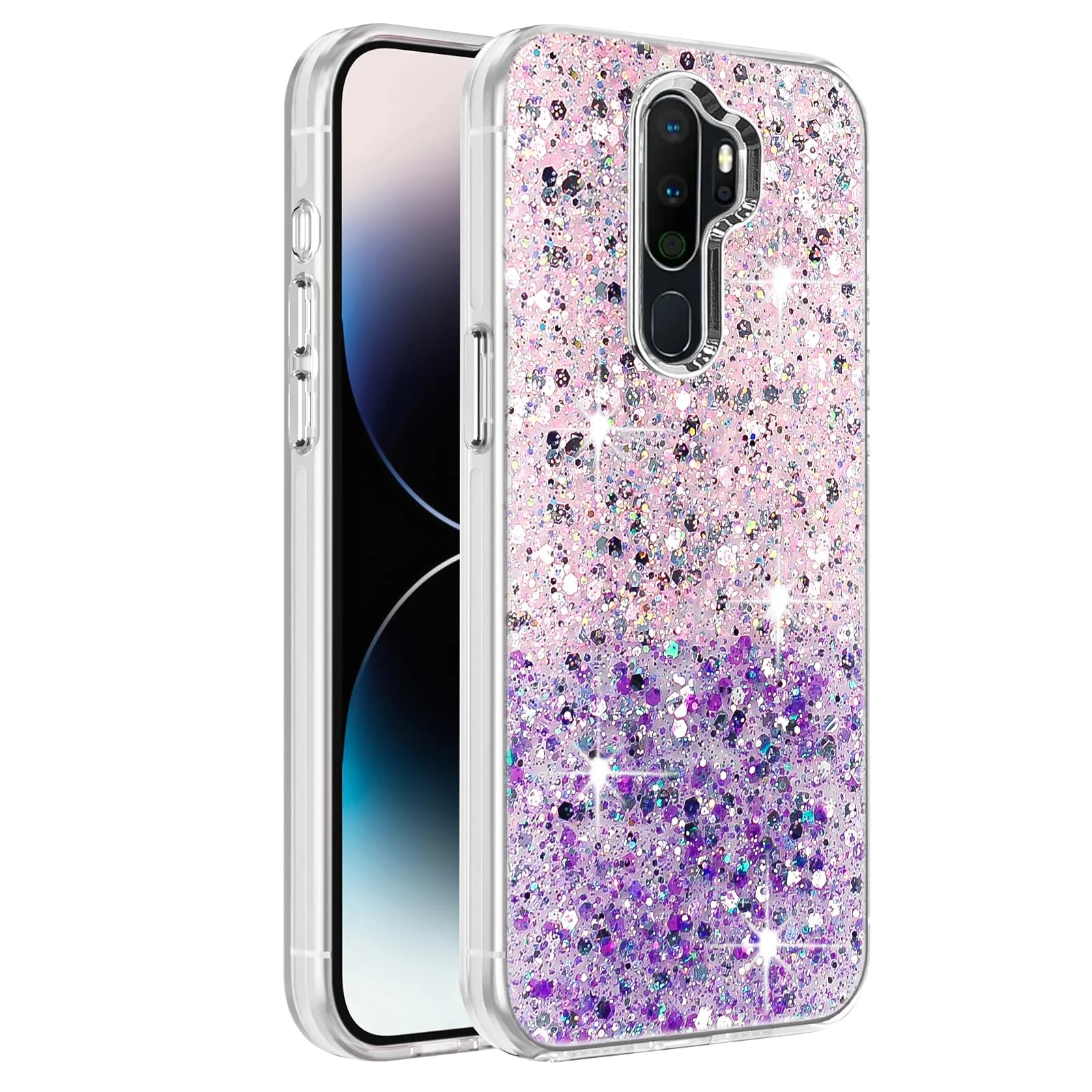 DL3 Mobilak Compatible with OPPO A9 2020 / OPPO A5 2020 Case, Clear Glitter Bling Sparkly, Soft TPU Frame Bumper, Hard-Back Cover for Women & Girls, Transparent Protective Phone Case - Pink Purple