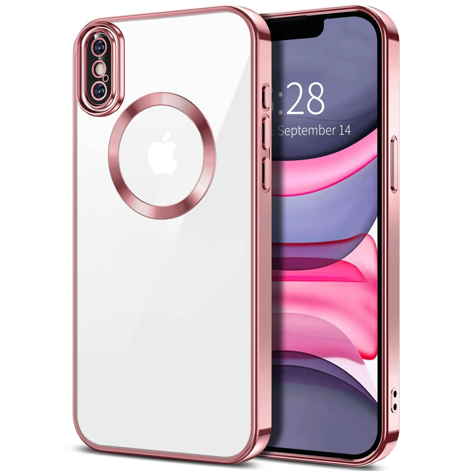 DL3 Mobilak Clear Case for iPhone XS Max with Built-in Camera Lens Protector, Slim Luxury Plating Edge Soft TPU Cover Protective, Transparent Case for Girls Men - Hot Pink