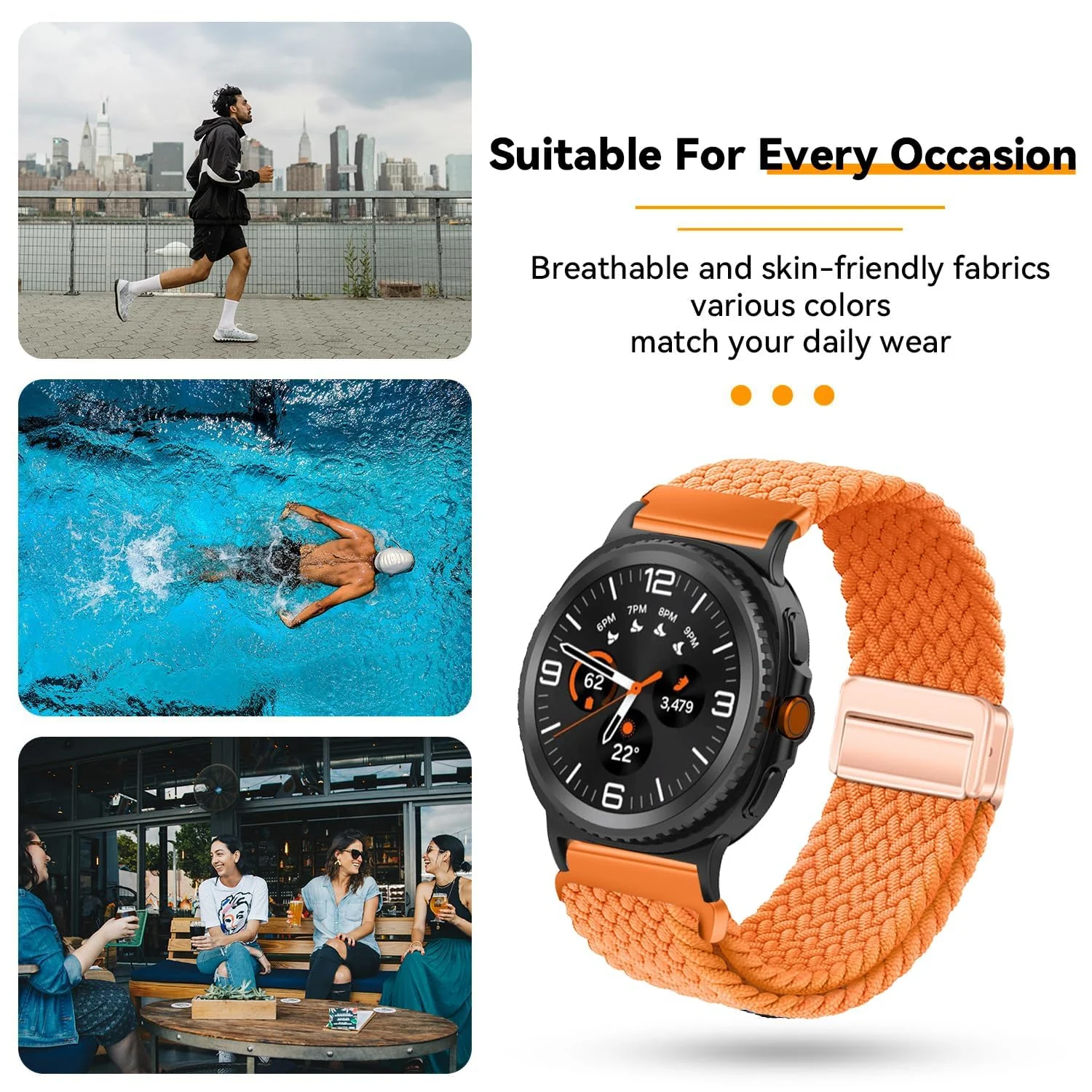 DL3 Mobilak 22mm Magnetic Band for Redmi Watch 5 Active/5 Lite/Samsung Galaxy Watch 3 45mm/Watch 46mm/Gear S3/Huawei watch GT6 GT5 46MM/GT2E/GT6 Pro/GT 5 Pro/Amazfit GTR 4/3, Stretchy Braided Nylon Sport Strap - Orange