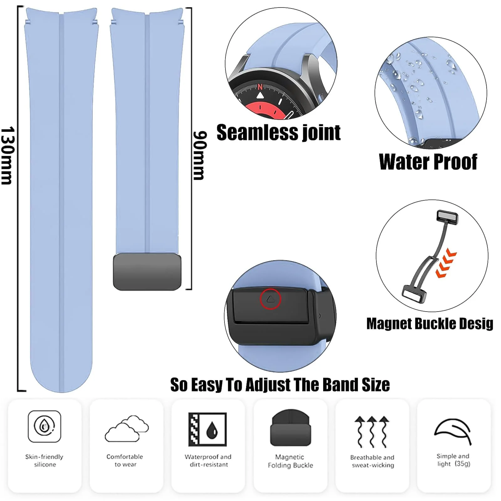DL3 Mobilak Strap Compatible with Samsung Galaxy Watch 7 FE 6 5 4 Strap 40mm 44mm/Watch 6 Classic 43mm 47mm/5 Pro 45mm/4 Classic 42mm 46mm, No Gap Magnetic Clasp Silicone Band - Sky Blue