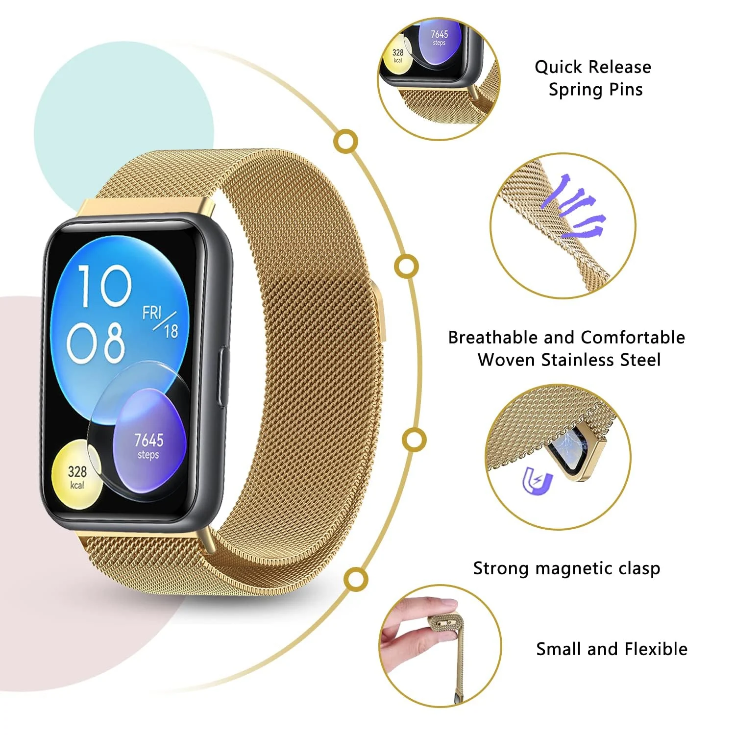 DL3 Mobilak Bracelet Compatible with Huawei Watch Fit 2, Stainless Steel Replacement Strap, Mesh Metal Watch Strap, Magnetic Adjustable Replacement Strap Compatible with Huawei Watch Fit2 - Gold