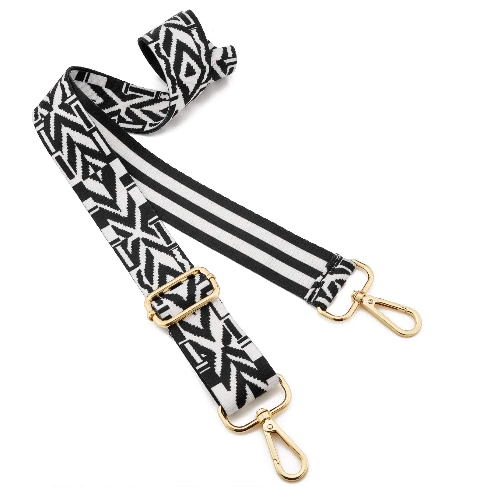 DL3 Mobilak Adjustable Wide Crossbody Bag Strap for Women, Replacement Shoulder Strap for Handbags, Totes & Purses with Elegant Embroidered Pattern and Metal Hooks - Black Geometry