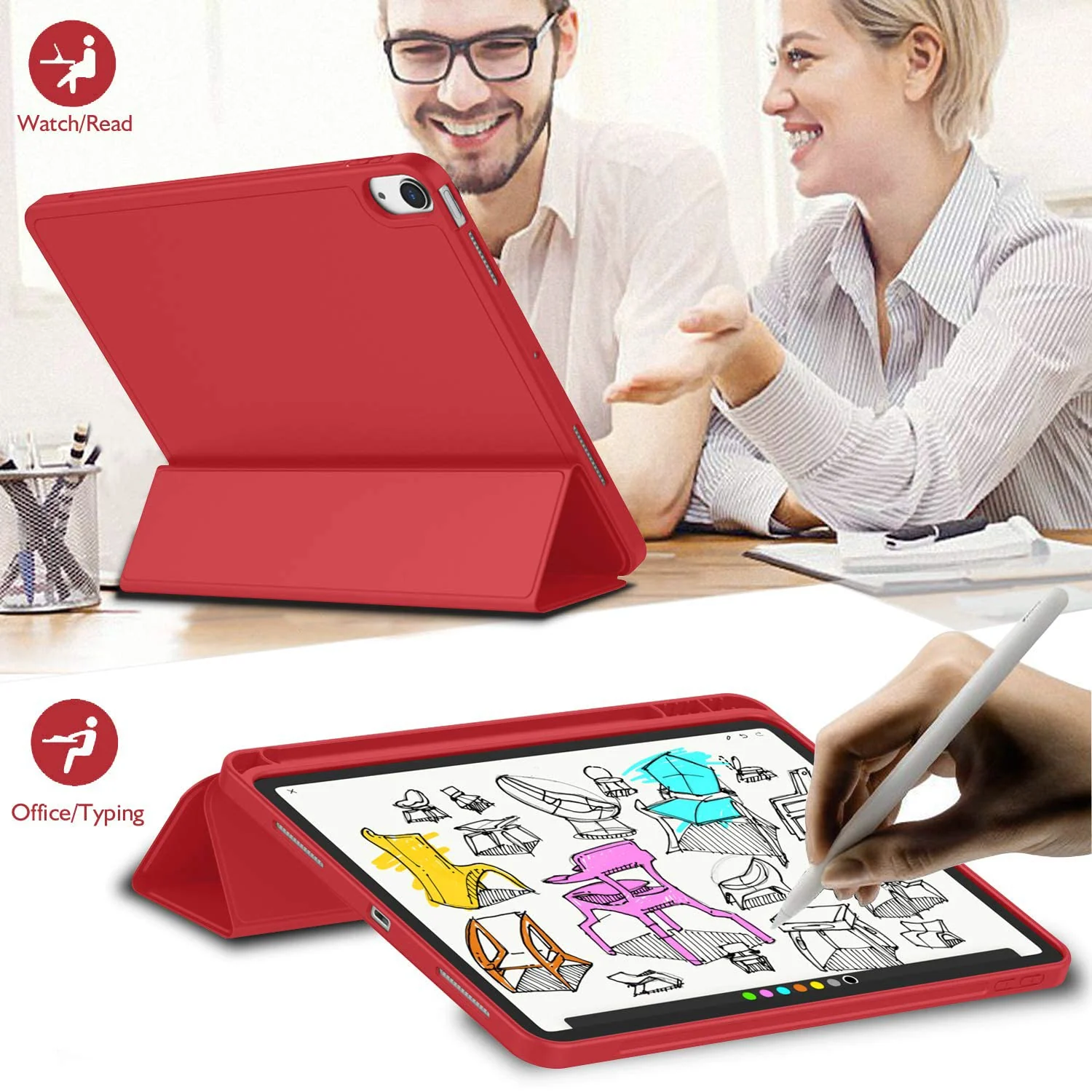 DL3 Mobilak iPad Air 11-Inch M2 (2024), iPad Air 5/4 (2022/2020 5th/4th 10.9-Inch) Case with Pencil Holder Full Body Protection + Apple 2nd Pencil Charging and Auto Wake/Sleep - Red