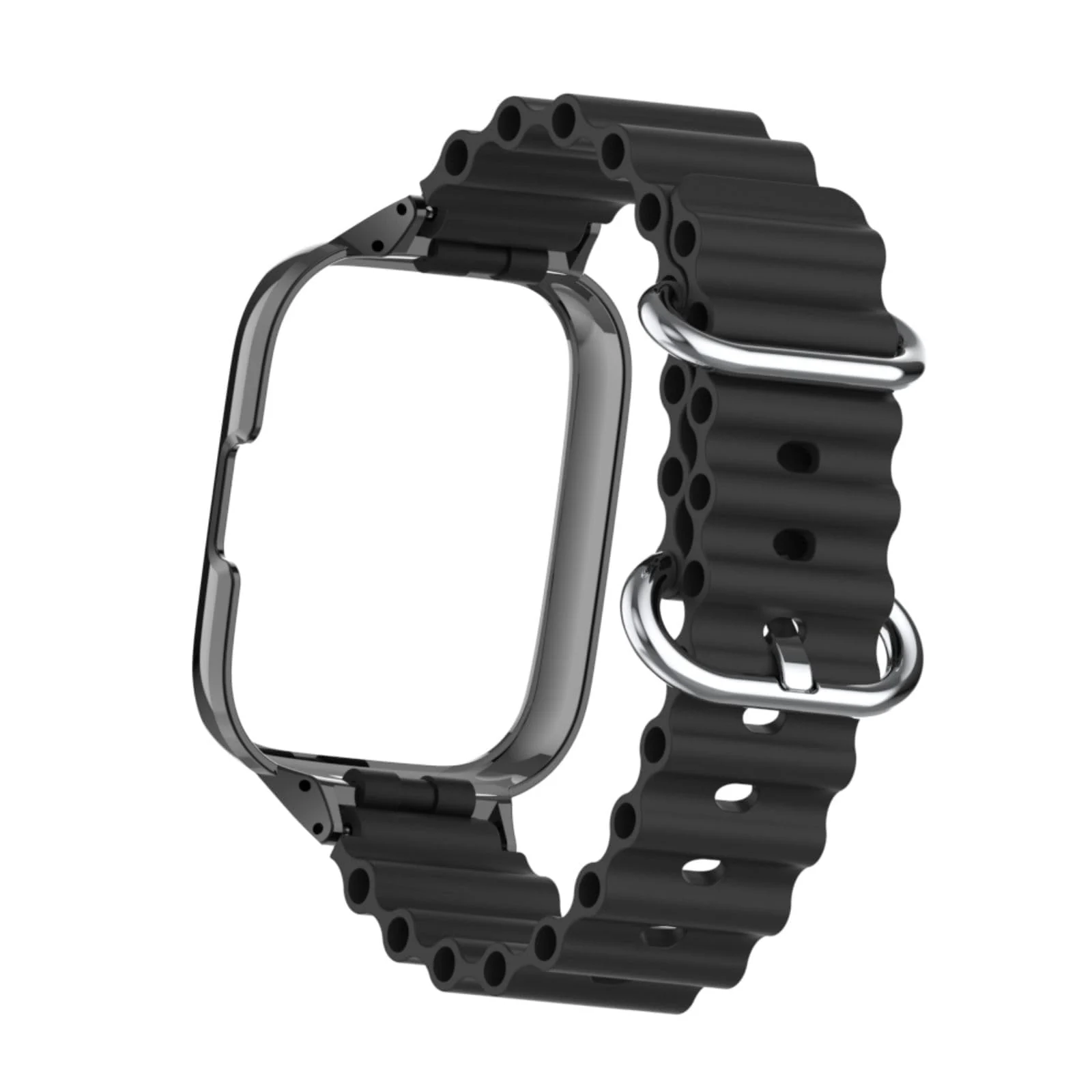 DL3 Mobilak Ocean Strap Compatible with Xiaomi Redmi Watch 3, Adjustable Silicone Strap with Metal Buckle, Band With Frame Metal Women Men Replacement Strap - Black