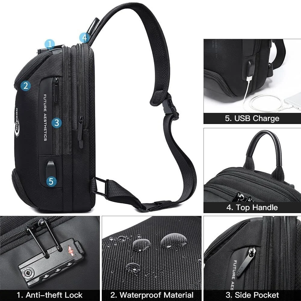 Mobigon Chest Bag for Men, Sling Crossbody Backpack with USB Charging Port & Combination Lock, Waterproof Shoulder Bag, Fits up to 12 Inch Tablet, Anti-Theft Travel Work Hiking Bag - Black