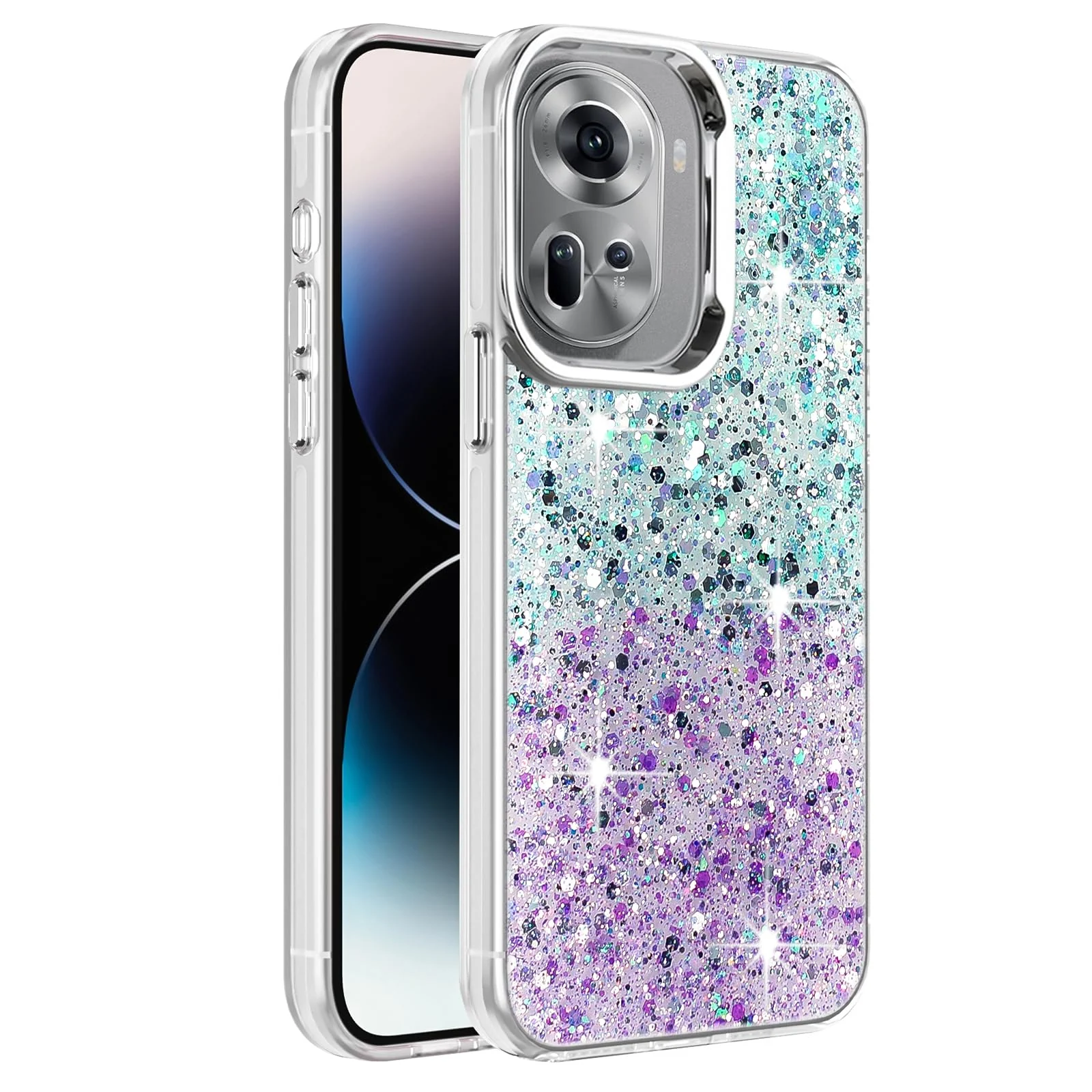 DL3 Mobilak Glitter Protective Case for OPPO Reno11 5G / Reno 11 Pro 5G, Supports wireless charging, Camera protection, Shock-absorbing protection - Green Purple